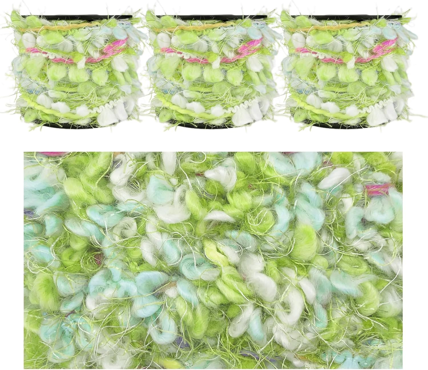 Artisanal Yarn Collection Multifiber Fancy Yarn with Sequins & Shimmering Threads for Knitting Crocheting Crafts DIY, Set of 3 Rolls (Forest Moss)