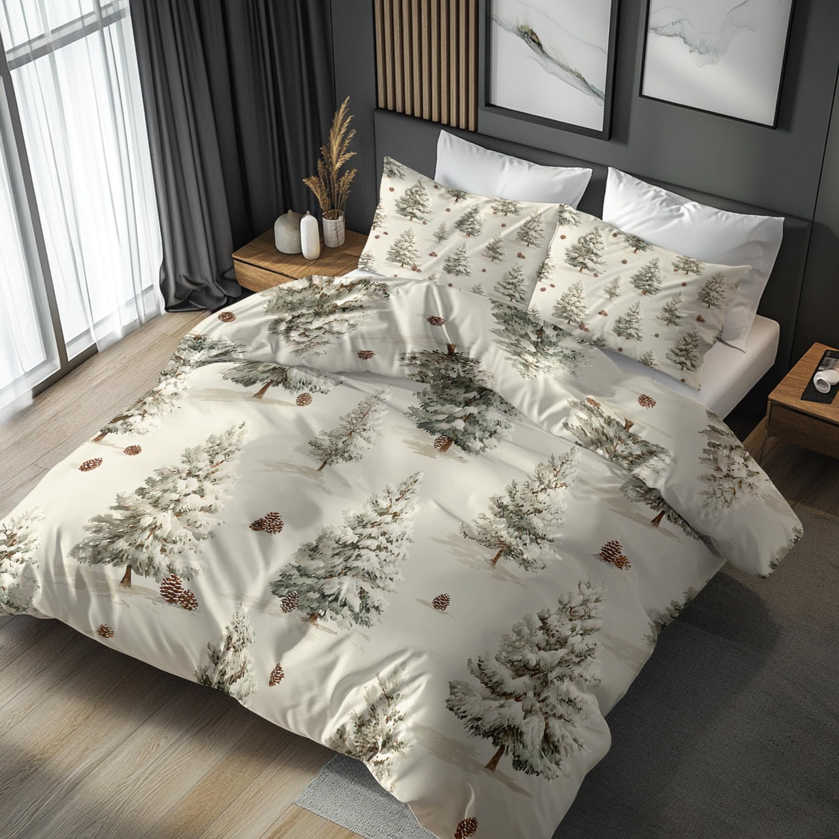 Christmas Trees King Duvet Cover Set 3 Piece with 2 Pillowcases, Xmas Pine Tree Patterned Bedroom Decor Bedding, Soft Microfibre Quilt Cover with Zip A&Q45
