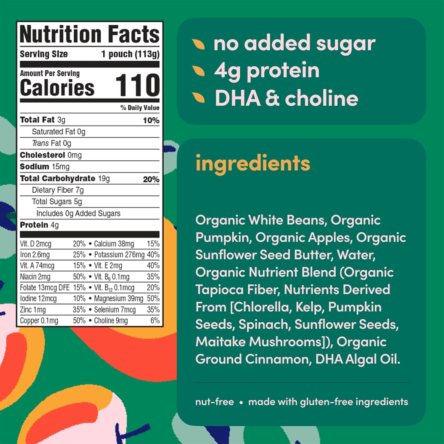 Cerebelly Organic Baby Food Pouches, White Bean Pumpkin Apple Purees, 16 Nutrients, No Added Sugar, Fiber & Non-GMO, 4oz, 12 Pack