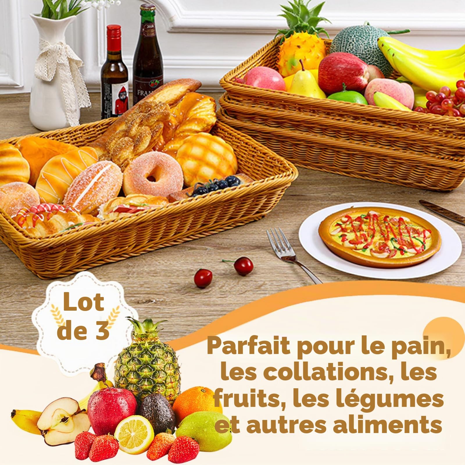 AKOLAFE 3 Pièces Corbeille a Pain en Osier 35 x 25 x 7 CM Panier Pain Empilables Panier a Pain de Service Brun Panier Osier Rectangulaire Corbeille Osier pour Pain, fruit, Légume, Ustensile de Cuisine