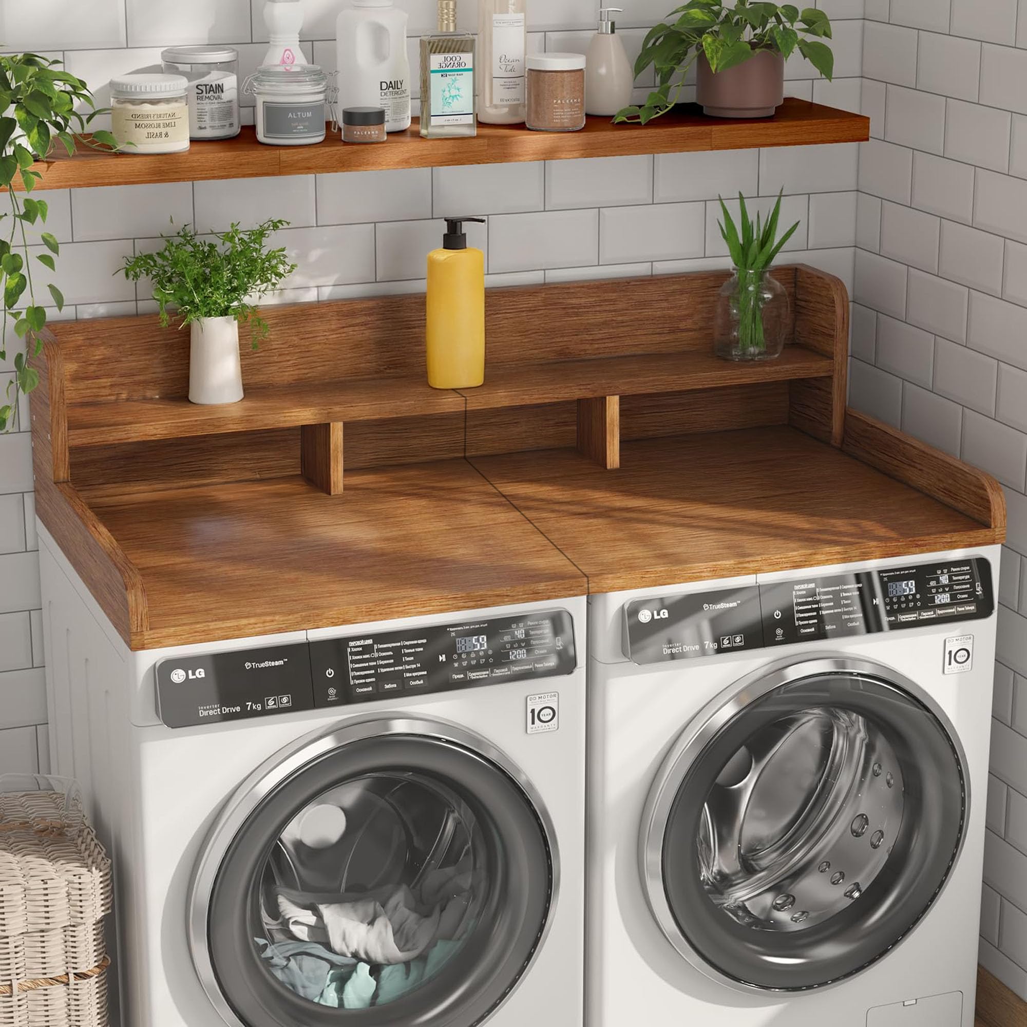 HRVEOCEI 2-Tier Washer Dryer Countertop with Shelf, Laundry Countertop over Washer and Dryer with Edge, Washing Machine Topper Shelf with Storage for Efficient Organization (Walnut)