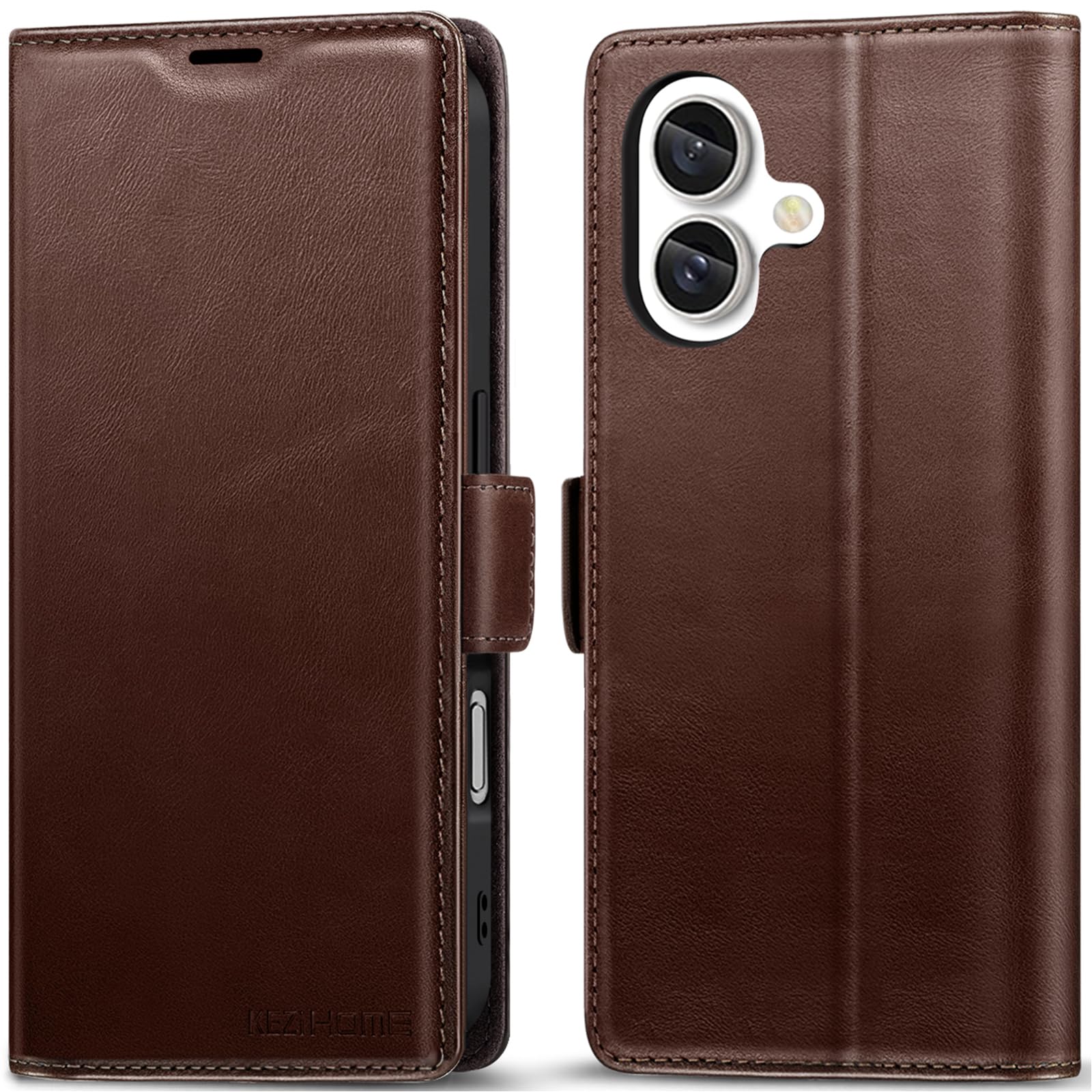 KEZiHOMECompatible with iPhone 16 Wallet Case, Genuine Leather RFID Blocking Folio Case with Card Holder, Magnetic Kickstand Phone Protective Flip Cover Case for iPhone 16 5G 6.1 inch (Brown)