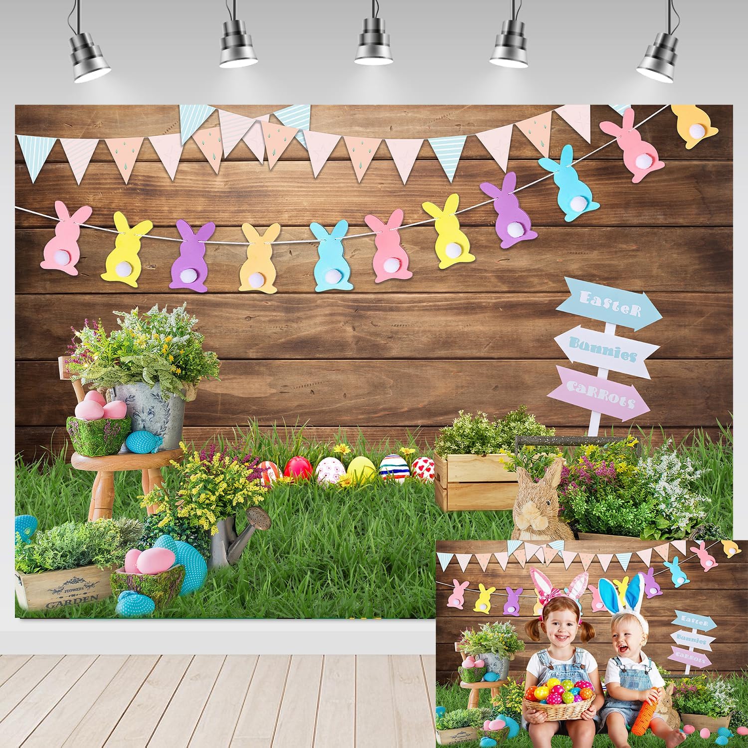 8X6FT Spring Easter Backdrop Green Grass Wooden Wall Easter Photography Background Bunny Rabbit Eggs Flowers Decorations Banner Baby Shower Kids Birthday Party Decor Photo Props
