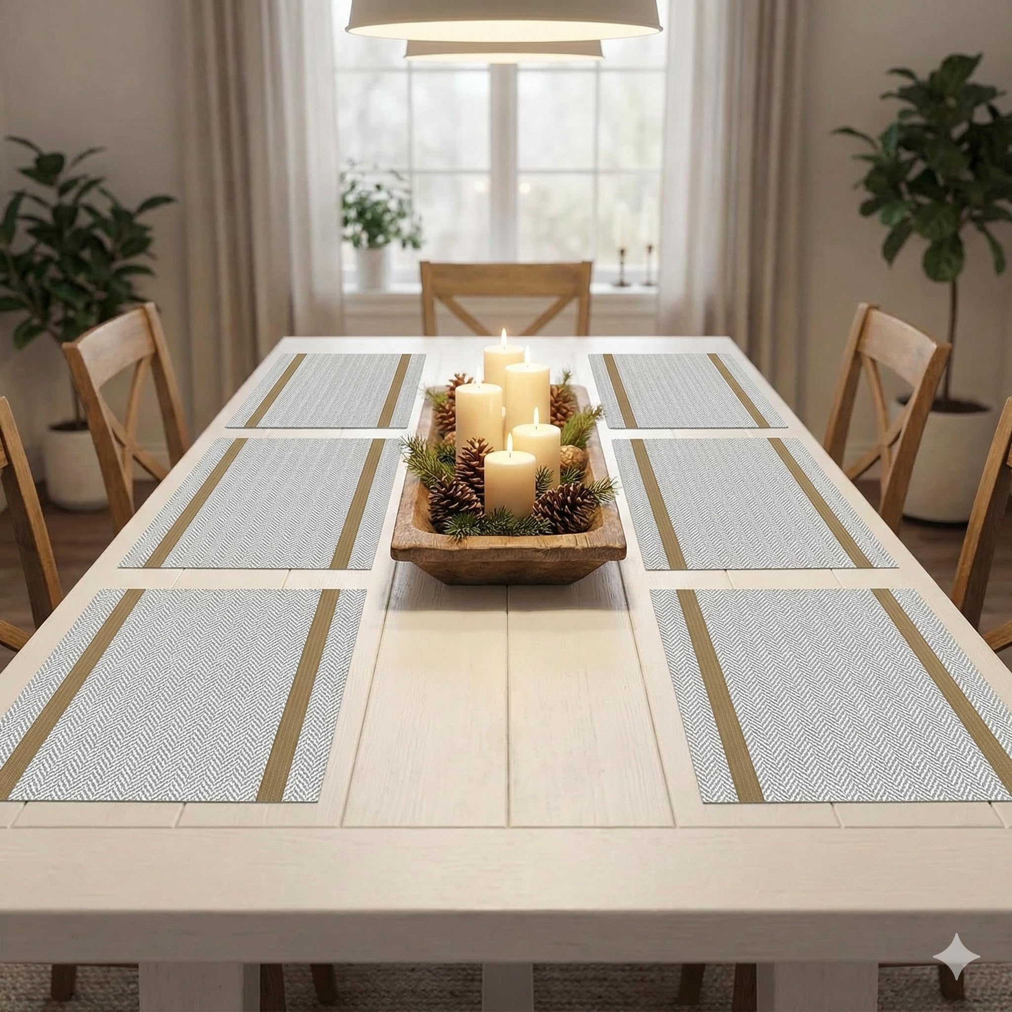 YELONA Rectangular Crossweave Woven PVC Vinyl Non-Slip Insulation Heat-Resistant & Waterproof Stain Resistant Washable Placemat for Dining & Kitchen Table-(Beige & Gold,Set of 6)