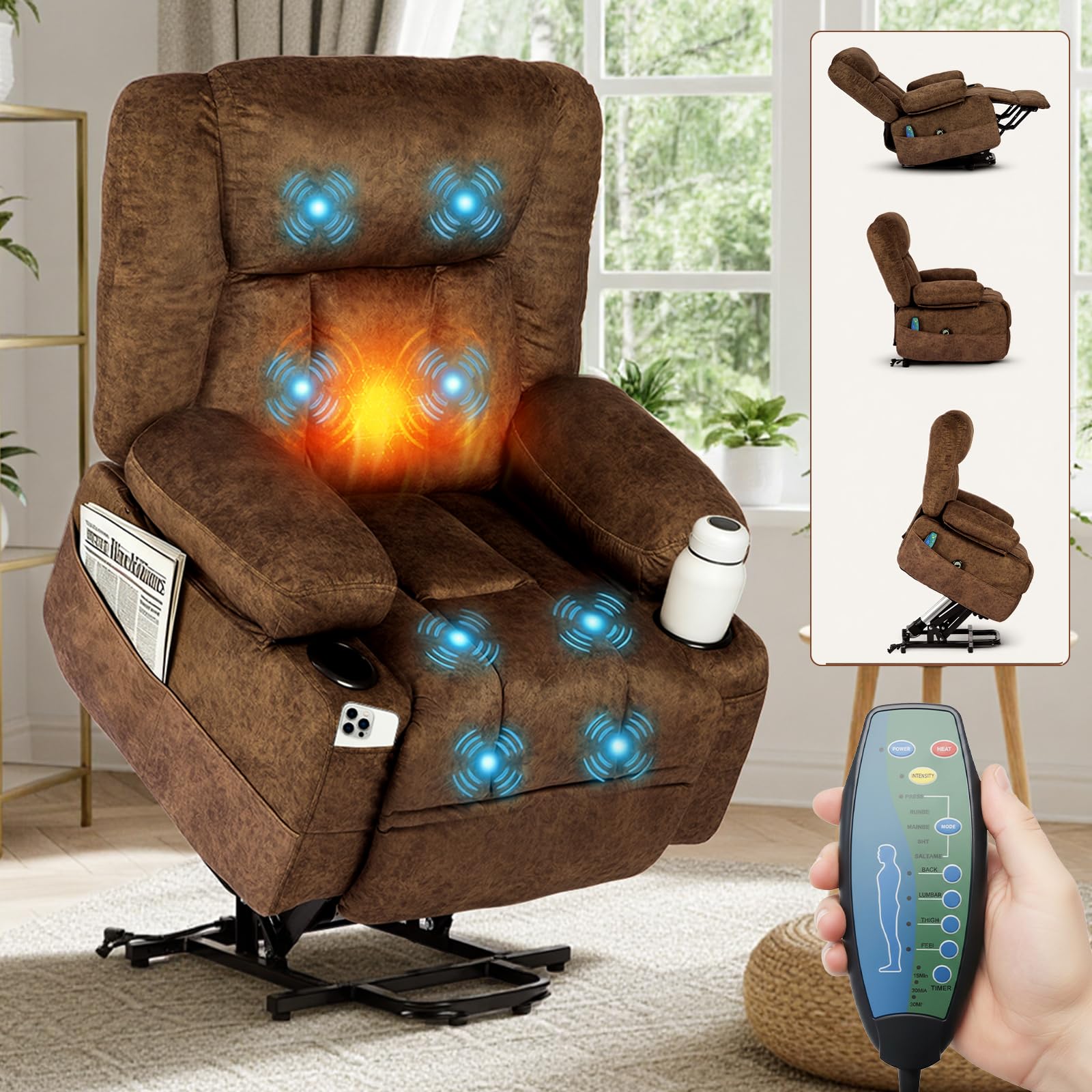 HAUSPROFI Fernsehsessel mit Aufstehhilfe Elektrisch,Massagesessel mit Wärmefunktion,Relaxsessel mit Liegefunktion,Samt Sessel Wohnzimmer mit Ablagefach, 2 Getränkehalter & 6 Seitentaschen