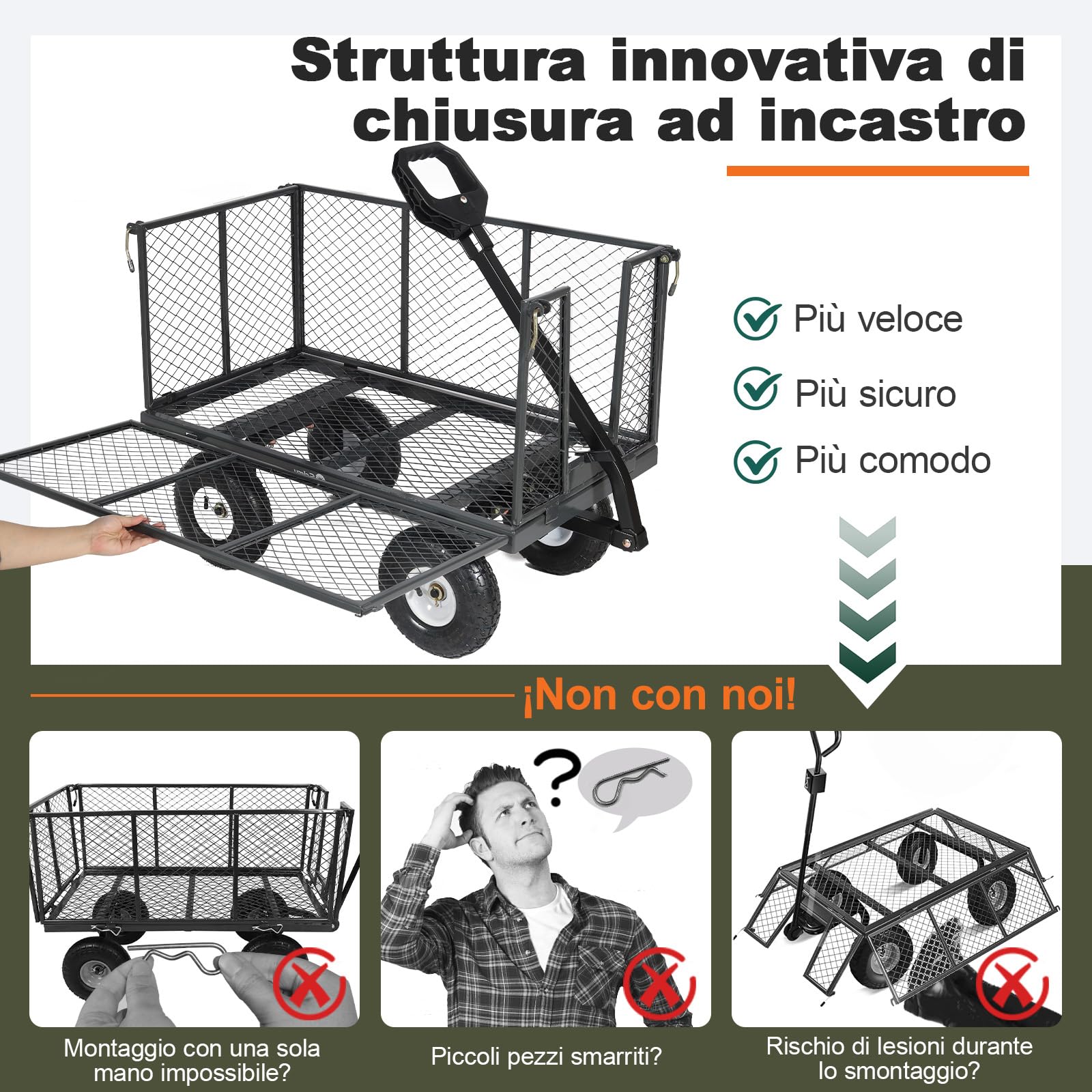 Carrello da giardino TITAN – Capacità di carico 550 KG, Carrello di trasporto per attrezzi con manoferro brevettato, Pneumatici gonfiabili in gomma completa, 200 L Grigio