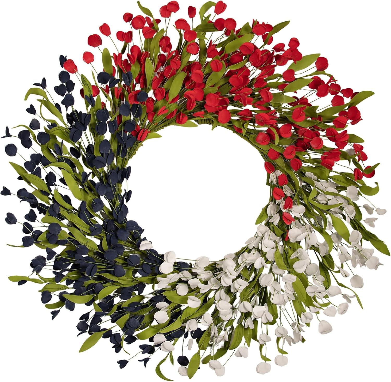 24 Inch PE Flower 4th of July Wreath, Red White Blue Patriotic Front Door Decor for Independence Day Memorial Day with Green Leaves, Indoor Outdoor Patriotic Wreaths for Home Porch