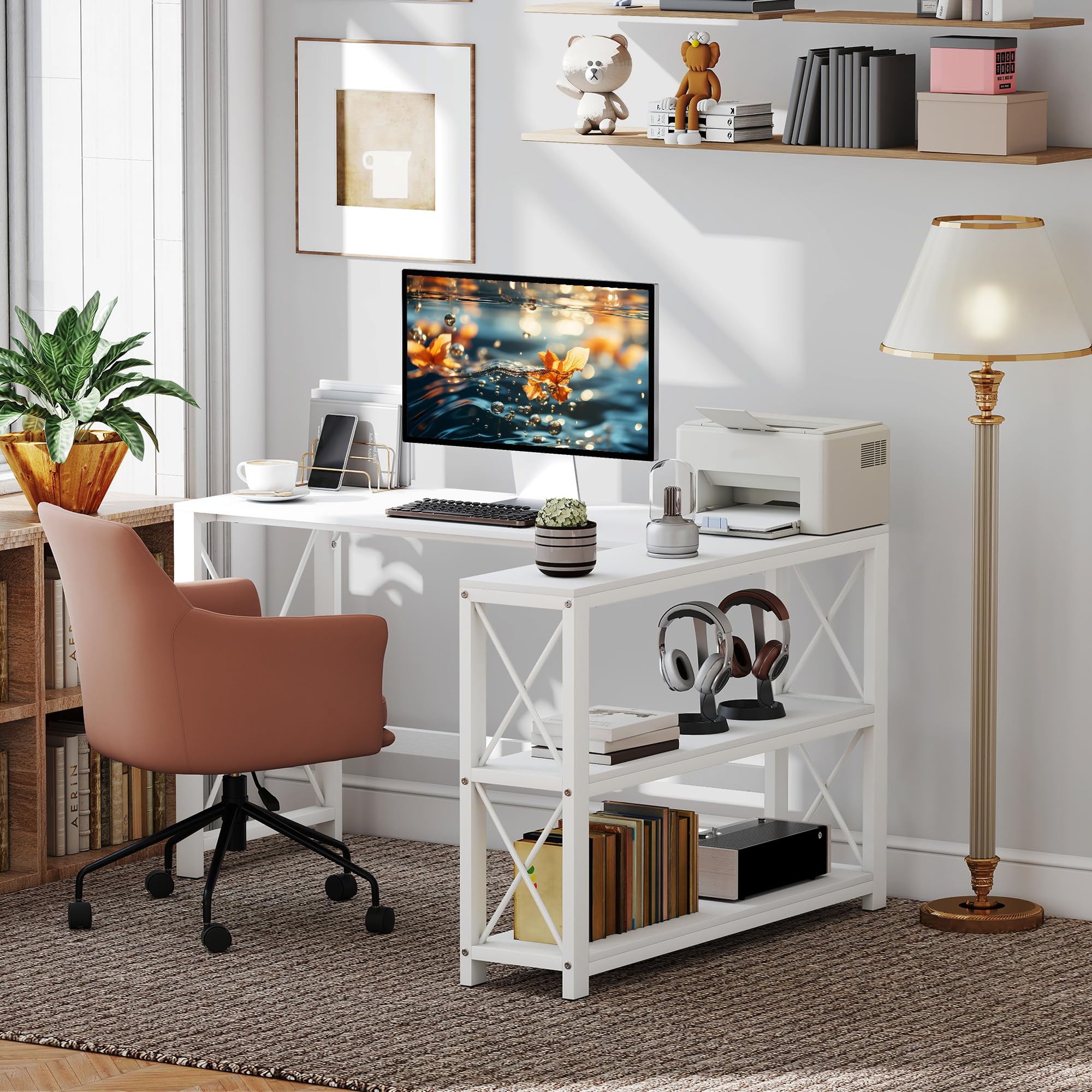 HOMCOM Bureau d'angle modulable réversible, Salon, 135 x 110 x 75 cm, Blanc