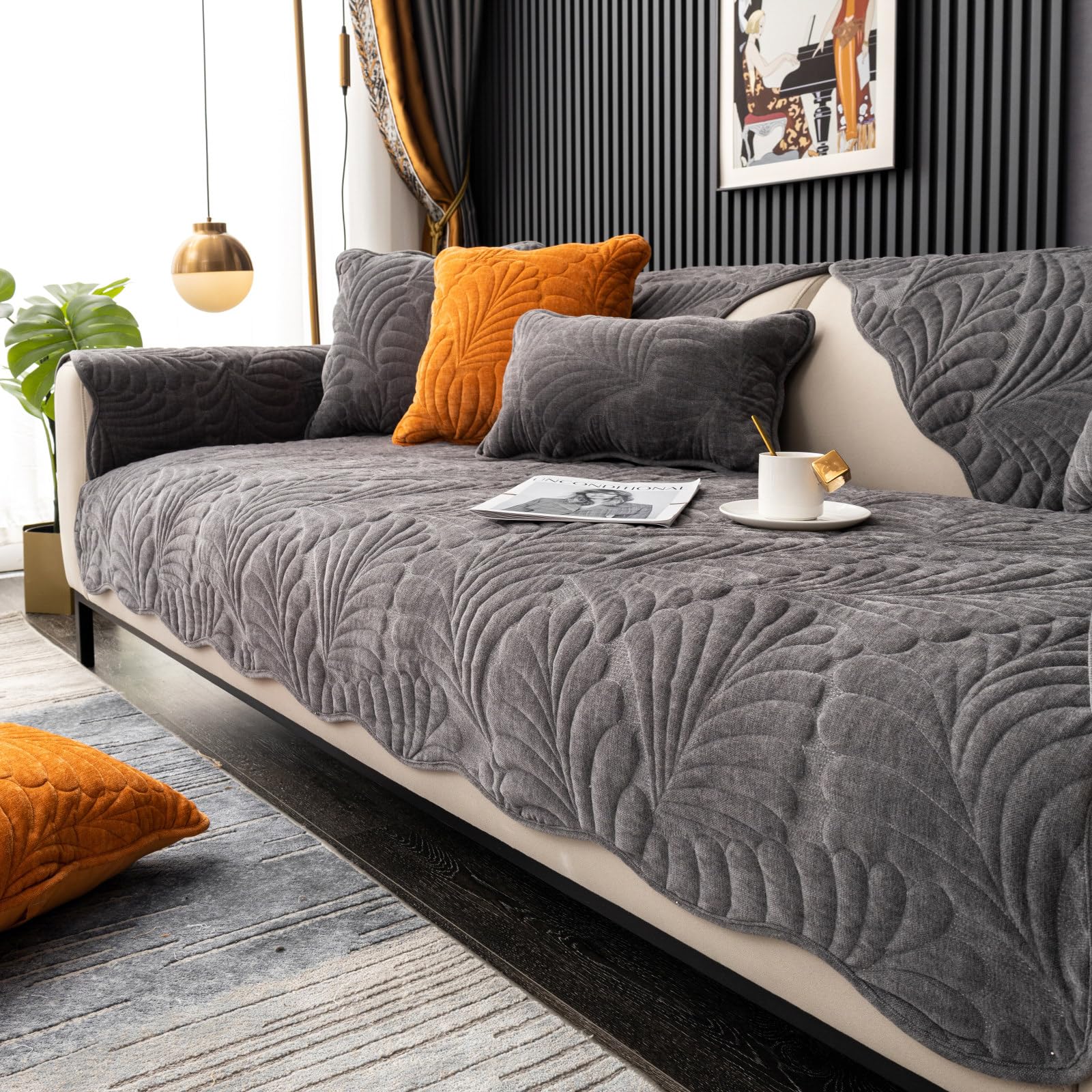 XSlive Palm Leaves Sofa Couch Cover Chenille Plush Quilted Sectional Couch Cover 1-Piece Non Slip Soft Sofa Slipcover Furniture Protector for Pets