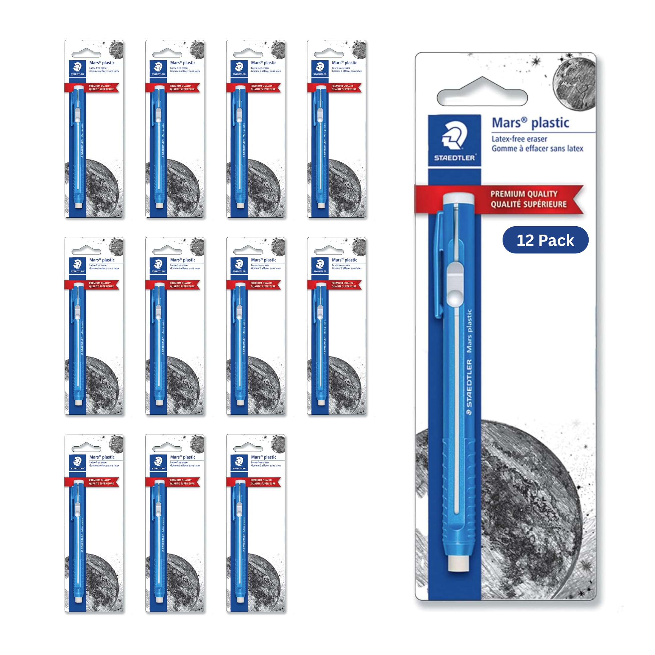 STAEDTLER 12 Stück Mars Kunststoff Radierstift mit nachfüllbarem Halter, Deutscher Radiergummi für Bleistifte, Wisch- & Reißfreie Präzision, Einziehbares Design mit Clip, Blau, 12 Stück