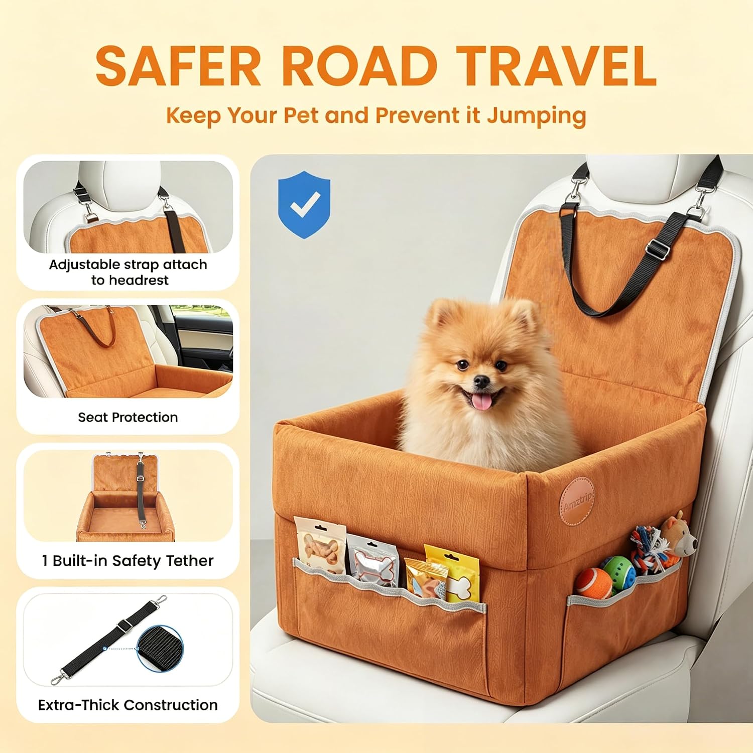 Dog Car Seat Boosters, 6.69" Elevated Car Safety Seat for Small/Medium Dogs up to 35lbs,Comfortable Soft Fabric Covered,Detachable Washable Pet Booster Seat with Safety Belt and Anti-Slip Base