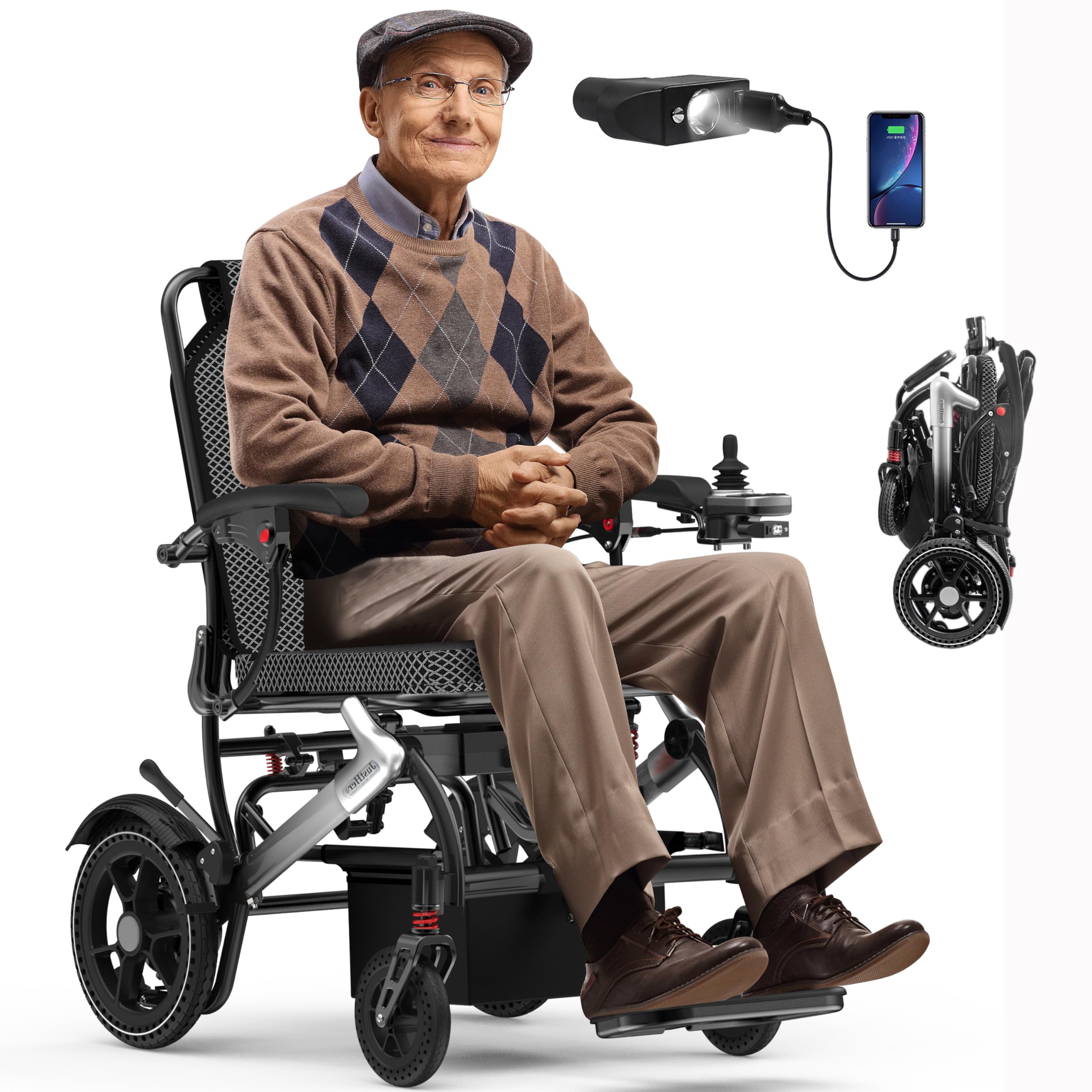 Electric Wheelchairs for Adults Foldable 36LBS Lightweight Frame,Airline Approval, 15 Miles Travel Range&amp; 500W Brushless Motors Power Motorized for Seniors&amp;Max Supports 350 LBS&amp;LED Light-PX Silver
