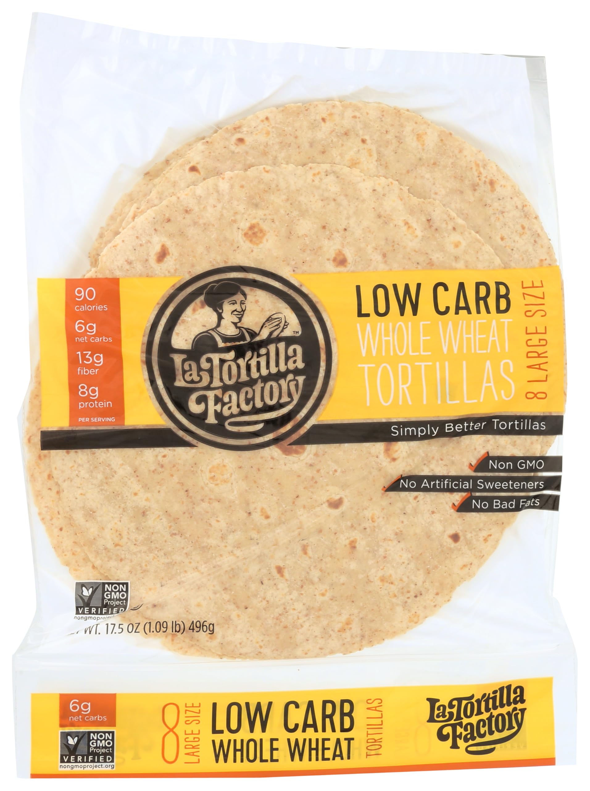 La Tortilla Factory Low Carb Whole Wheat Tortillas, 6g Net Carbs, 90 Calories, Non-GMO, 8" - Large Size, 8-Count, 17.5 oz