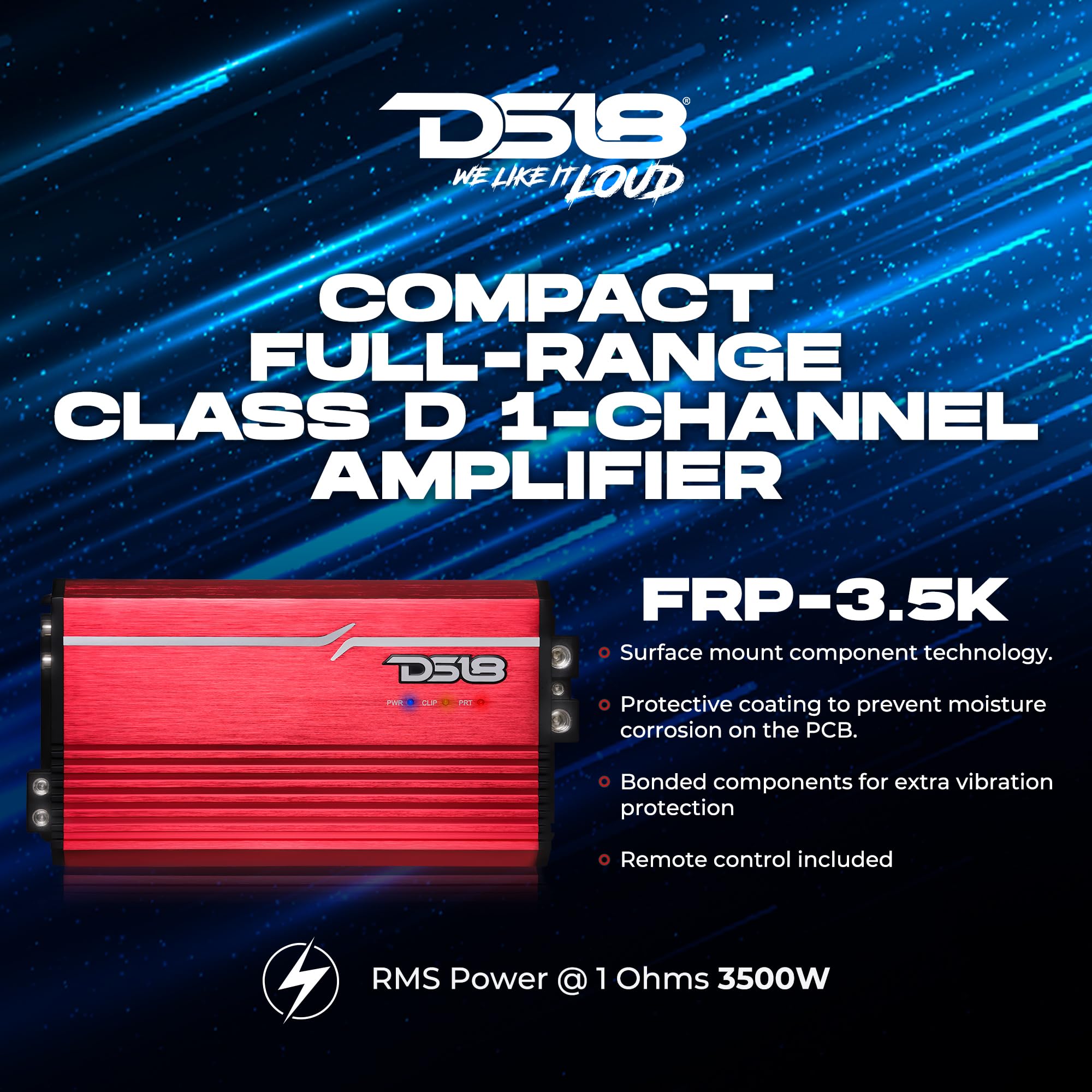 DS18 FRP-3.5K/BL Compact Full-Range Class D 1-Channel Amplifier 3,500 Watts RMS @ 1-Ohm, High Efficiency, Monoblock Amplifier Great for Bass, Mids, or Highs, Certified Dyno Results, Blue