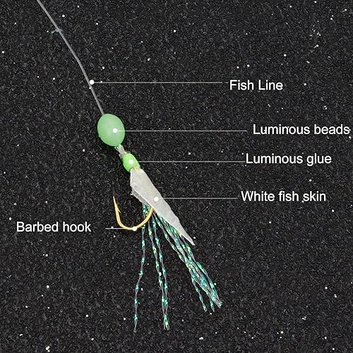 Miniatura 9 de Vbestlife Juego de aparejos de 5 grupos, 6 piezas de ganchos de cuerda de piel de pescado con cuentas luminosas de plumas para aparejos de pesca