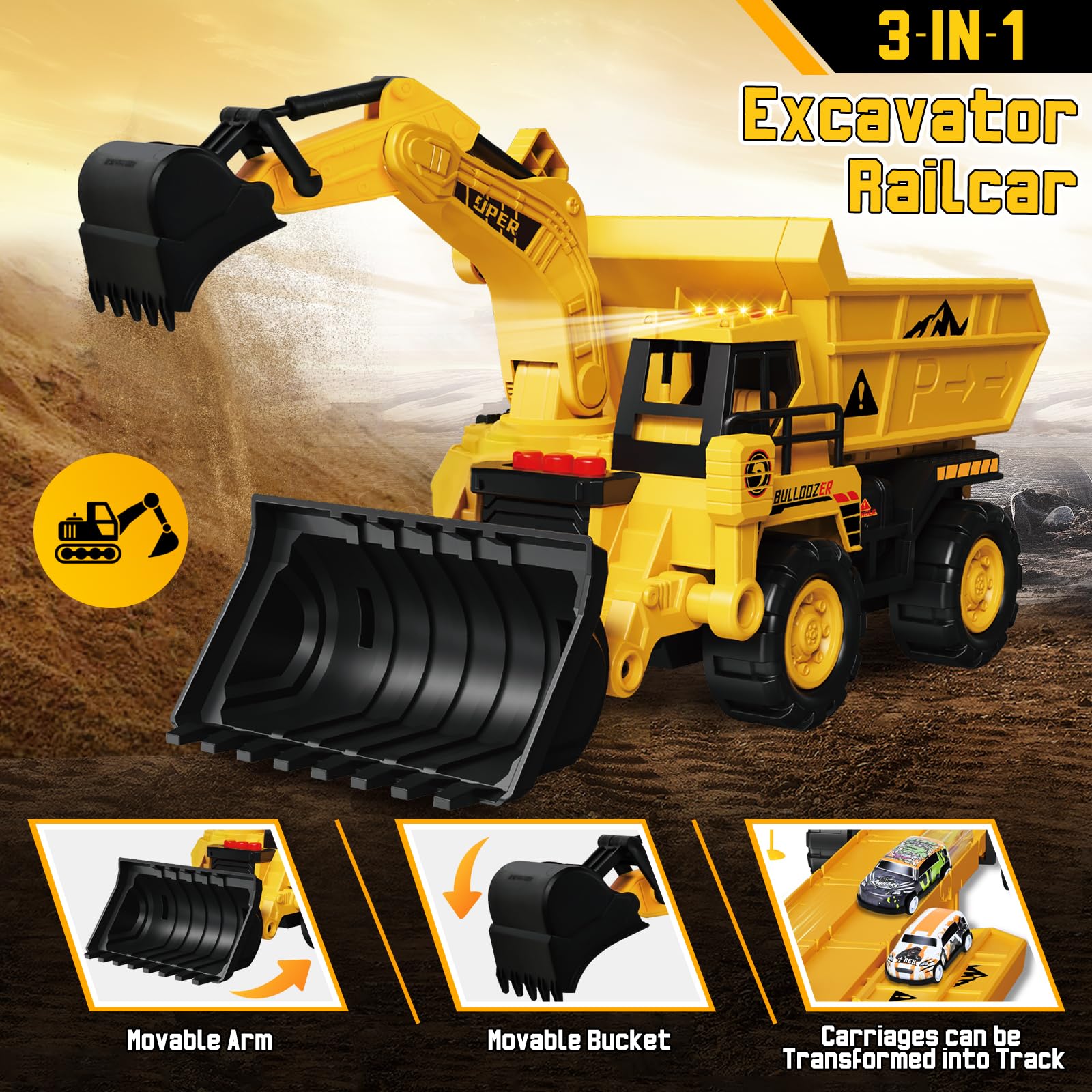 Joellfuner Vehículos de Construcción para Niños, Construcción Camión Vehículos de Juguete para Niños con Efectos de Música y Luces, Excavadora de Juguete Transformable Regalo para 4 5 6 7 8 9 + Años