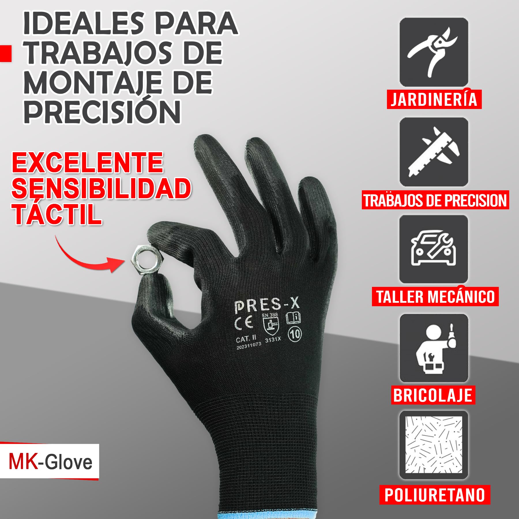 Guantes Trabajo Hombre de Poliuretano (12 Pares) - Guantes Mecanico Taller de Precisión - Guantes de Electricista Transpirables con Buen Tacto - Protección Manual para Montaje - Talla 10-L