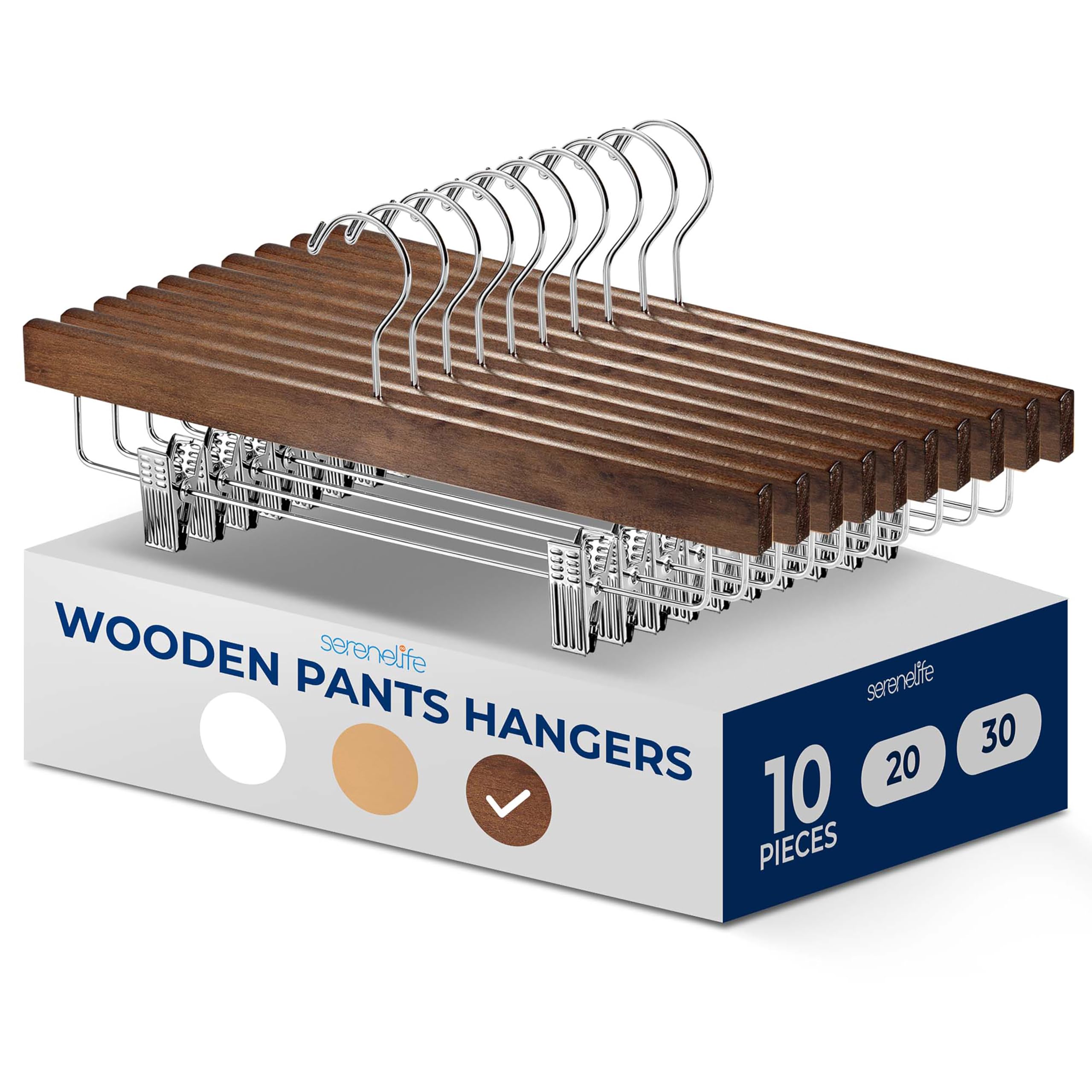 SereneLife Wooden Trouser Hangers, 35cm Pants Hanger, 10pcs Smooth Wood Skirt Hanger Organizer with Adjustable Anti- Slip Clips, Swivel Hook Space Saving Premium Clothes Hangers