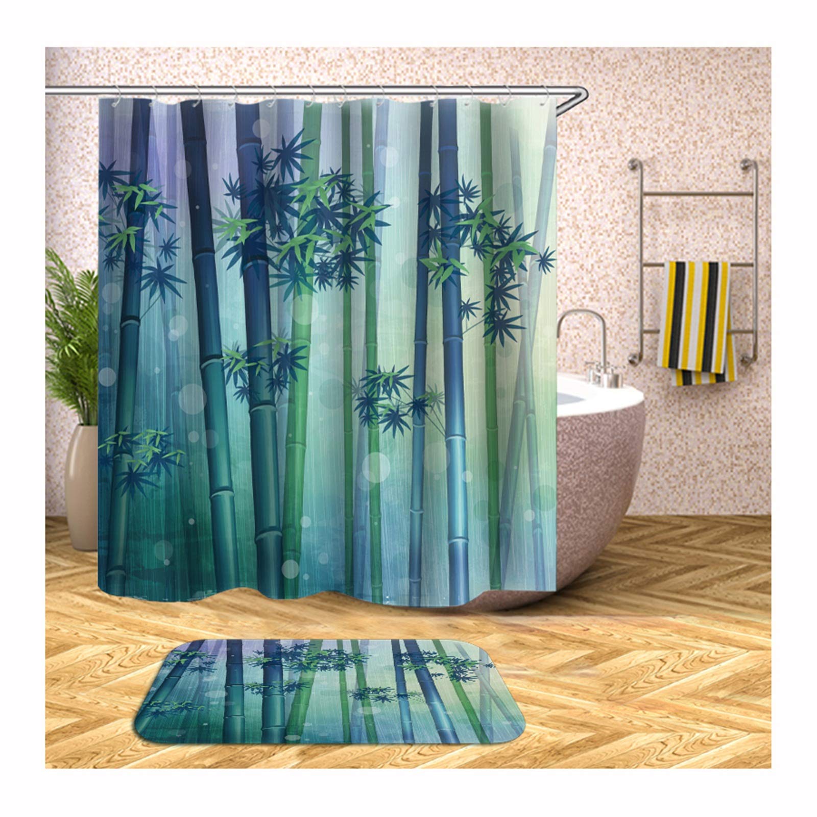 KnSam - Cortina de Ducha y Alfombrilla antimoho de poliéster con diseño de Bosque de bambú + Alfombrilla de baño + 12 Anillas para Cortinas de Ducha