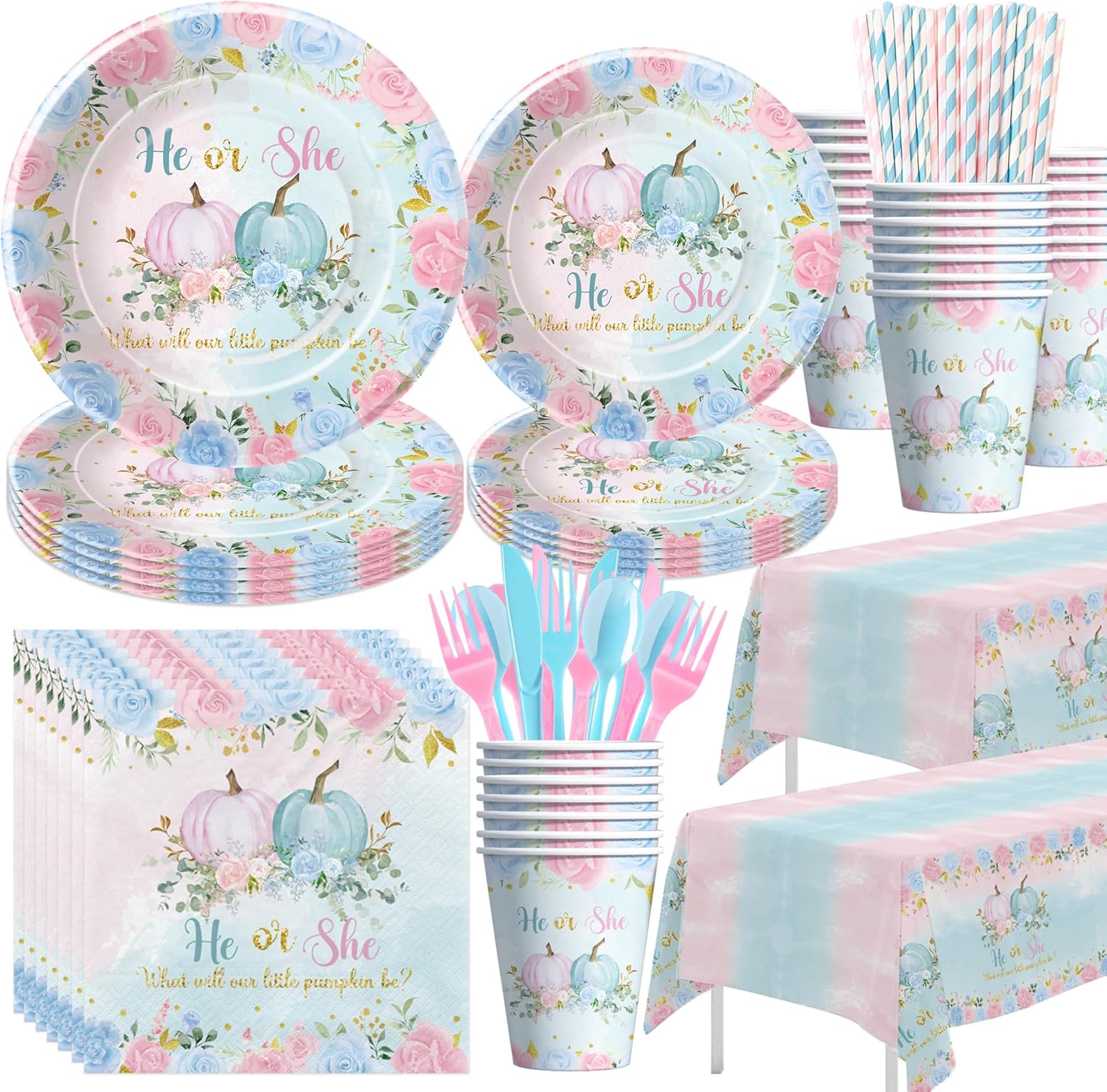 thanksgiving pumpkin gender reveal decorations for baby shower, little pumpkin he or she gender reveal party supplies, disposable paper plate, cup, napkin, tablecloth, cutlery, serves 24