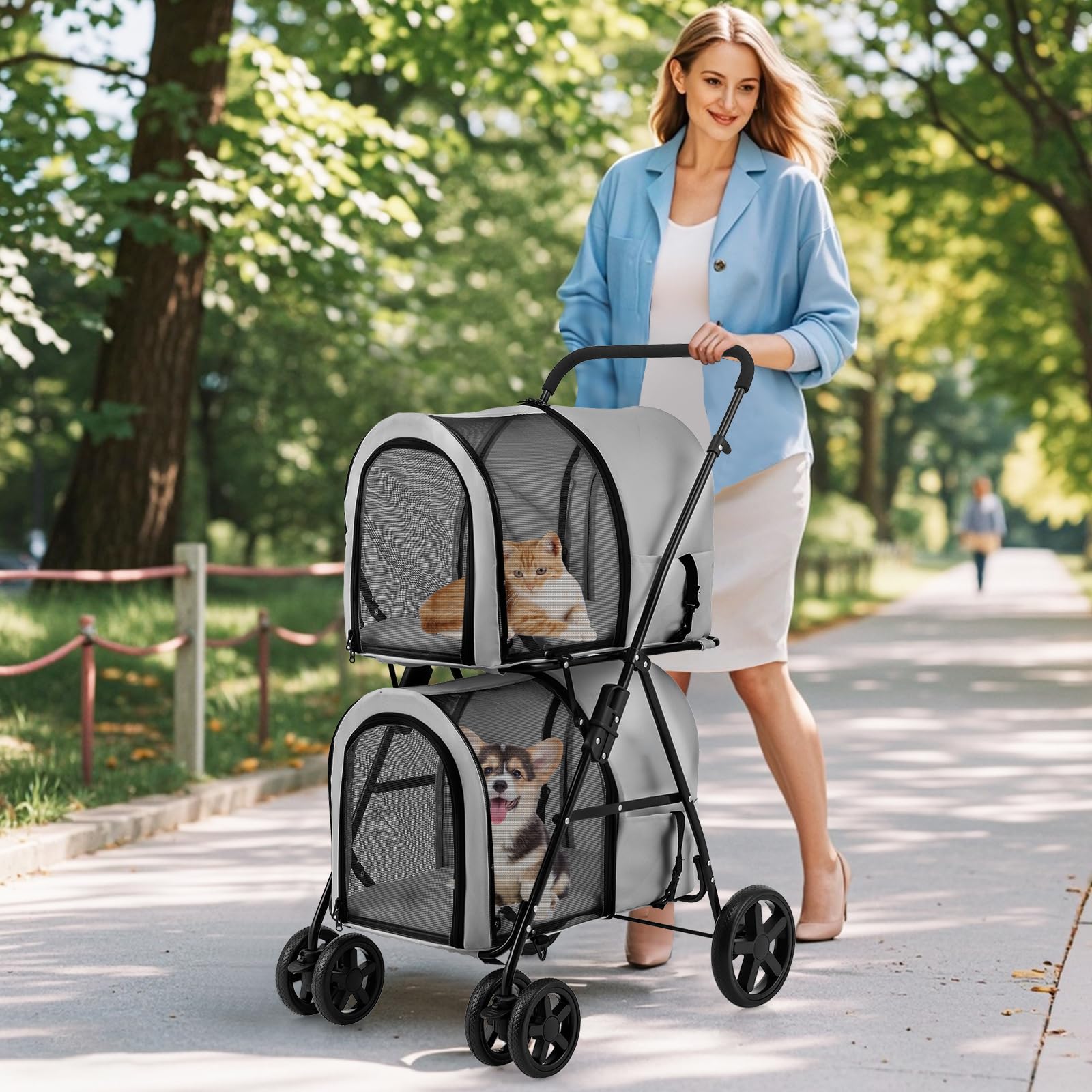 GYMAX 2 Etagen Hundebuggy, Katzenwagen für 2 Katzen/Hunde, Hundewagen mit 2 abnehmbaren Hundebox, Netzgewebe & 360° Drehrädern, faltbar Haustierwagen bis 16kg (Grau)