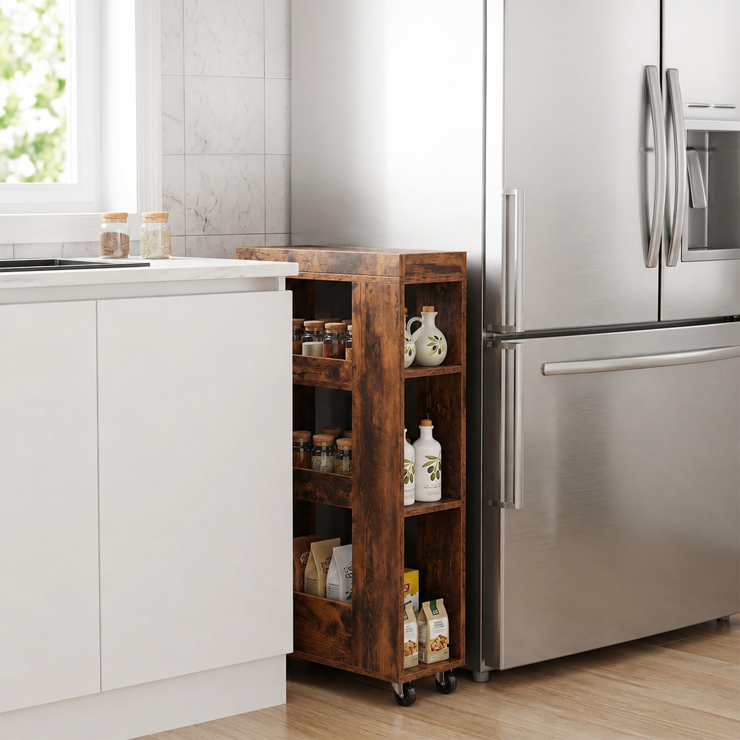 Relaxdays Carrito de nicho, Altura 85 x 18 x 60 cm, estantería Estrecha para baño y Cocina, 4 Niveles, con Ruedas, Aspecto de Madera, Color Blanco