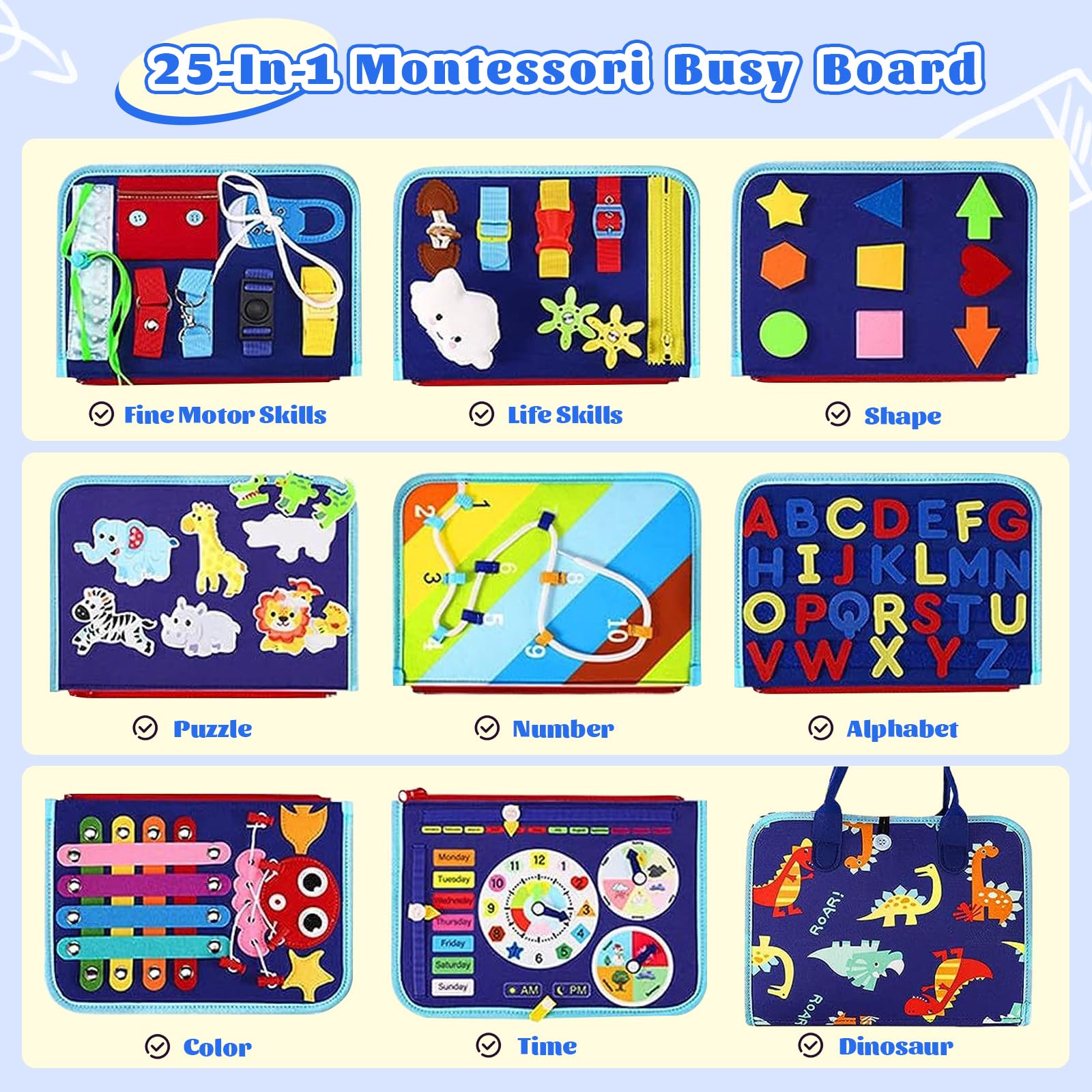 Busy Board alouweekuky Montessori Toy from 1 Year Old for Toddlers Boys and Girls, 25-in-1 Quiet Book - Image 3