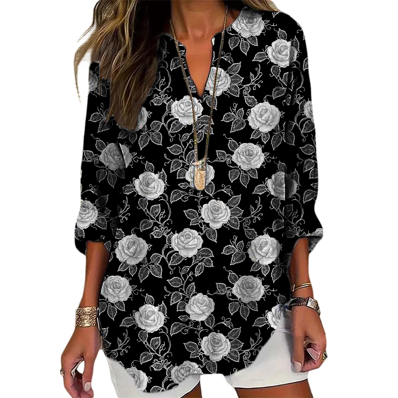 MARSVOVO Womens Blouses Long Sleeve Unique Art Print V Neck Flowy Tops Causal Shirt for Women