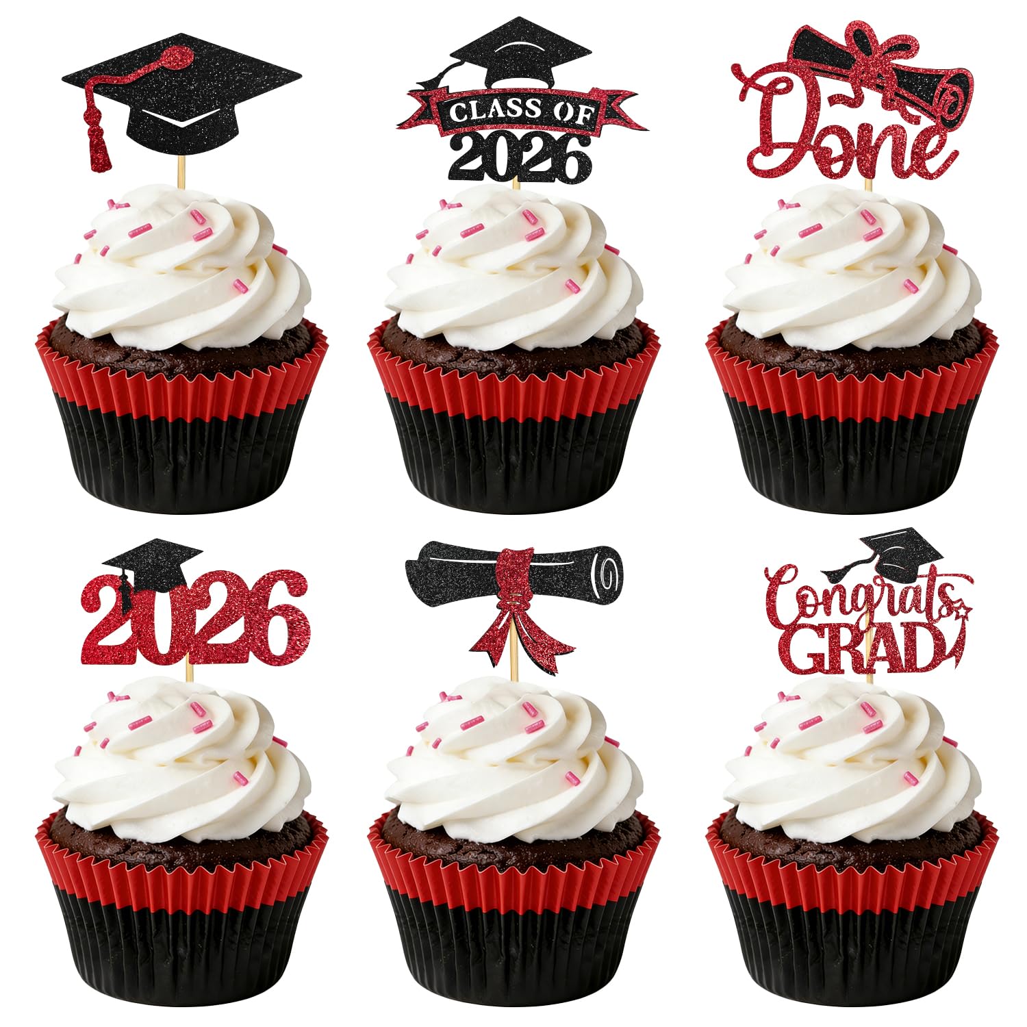 Photo 1 of AXEN 48Pcs 2026 Graduation Cupcake Toppers, Class of 2026 Cupcake Topper Graduation Party Decorations Supplies - Black&Red