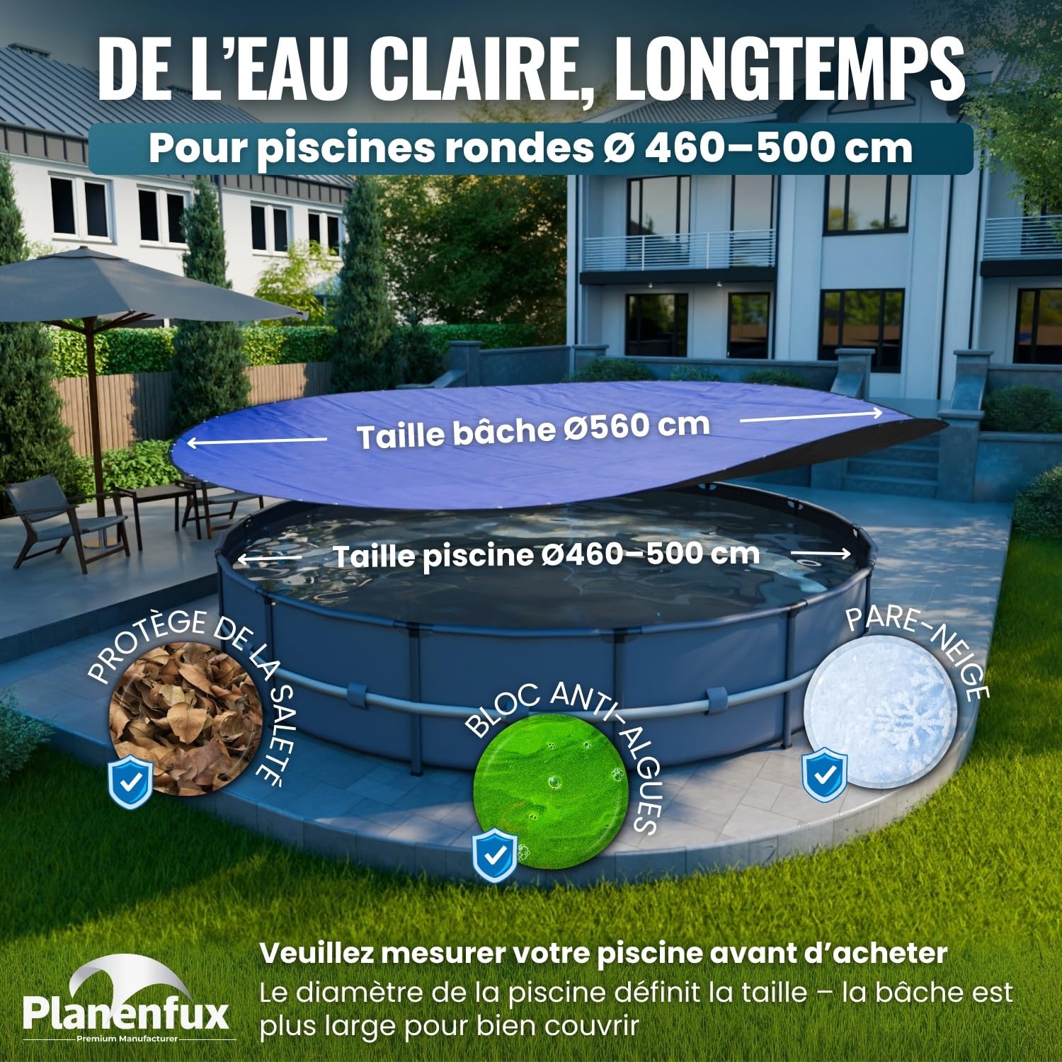 Planenfux® Bache hivernage Piscine Hors Sol Ronde 5m | Bâche Piscine 4.88 Ronde été et Hiver en polyéthylène 200g/m² | Bache de Protection résistante au Chlore & aux UV avec Fonction Solaire | Ø560
