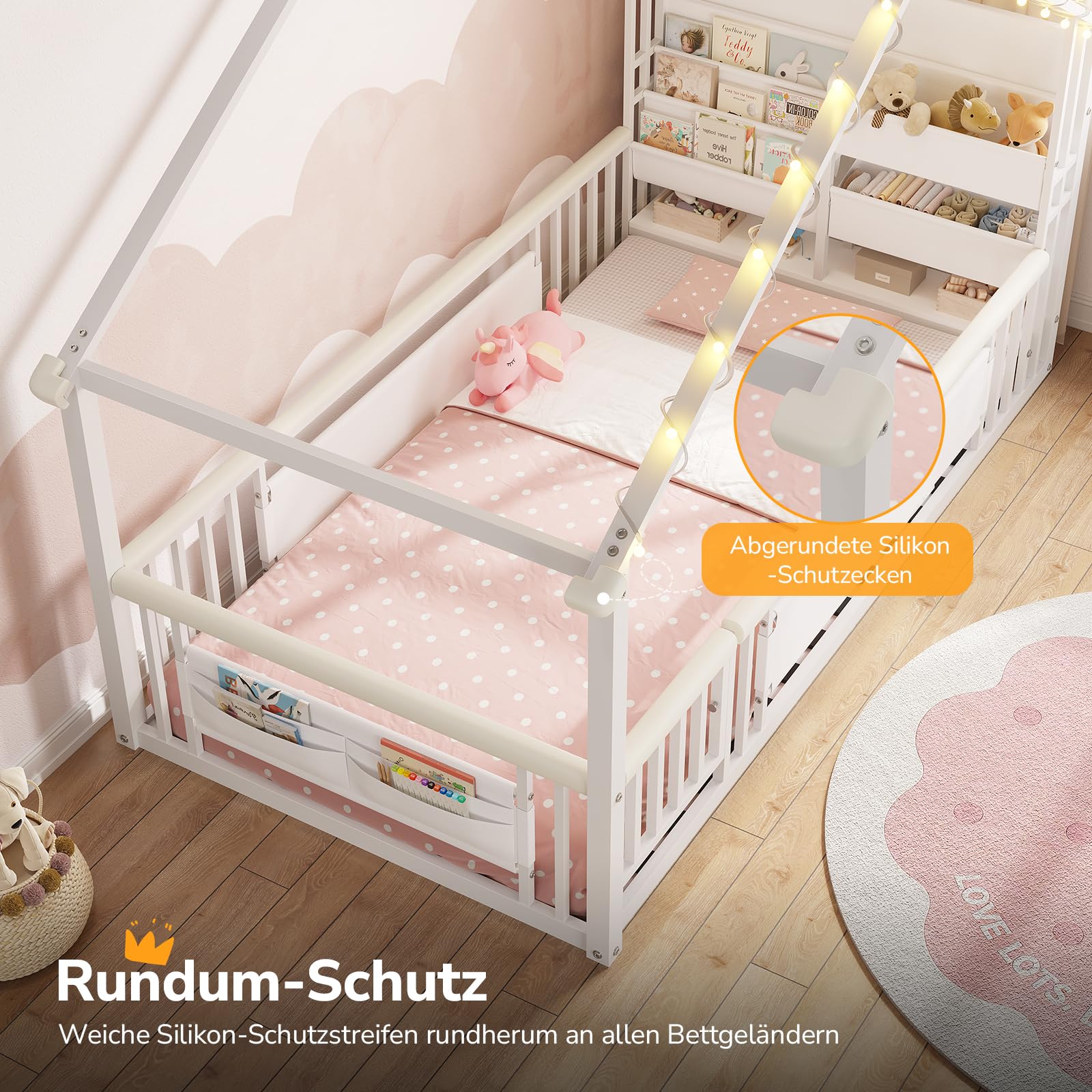 Hausbett 90x200 Metall nach Montessori mit LED, Weiß