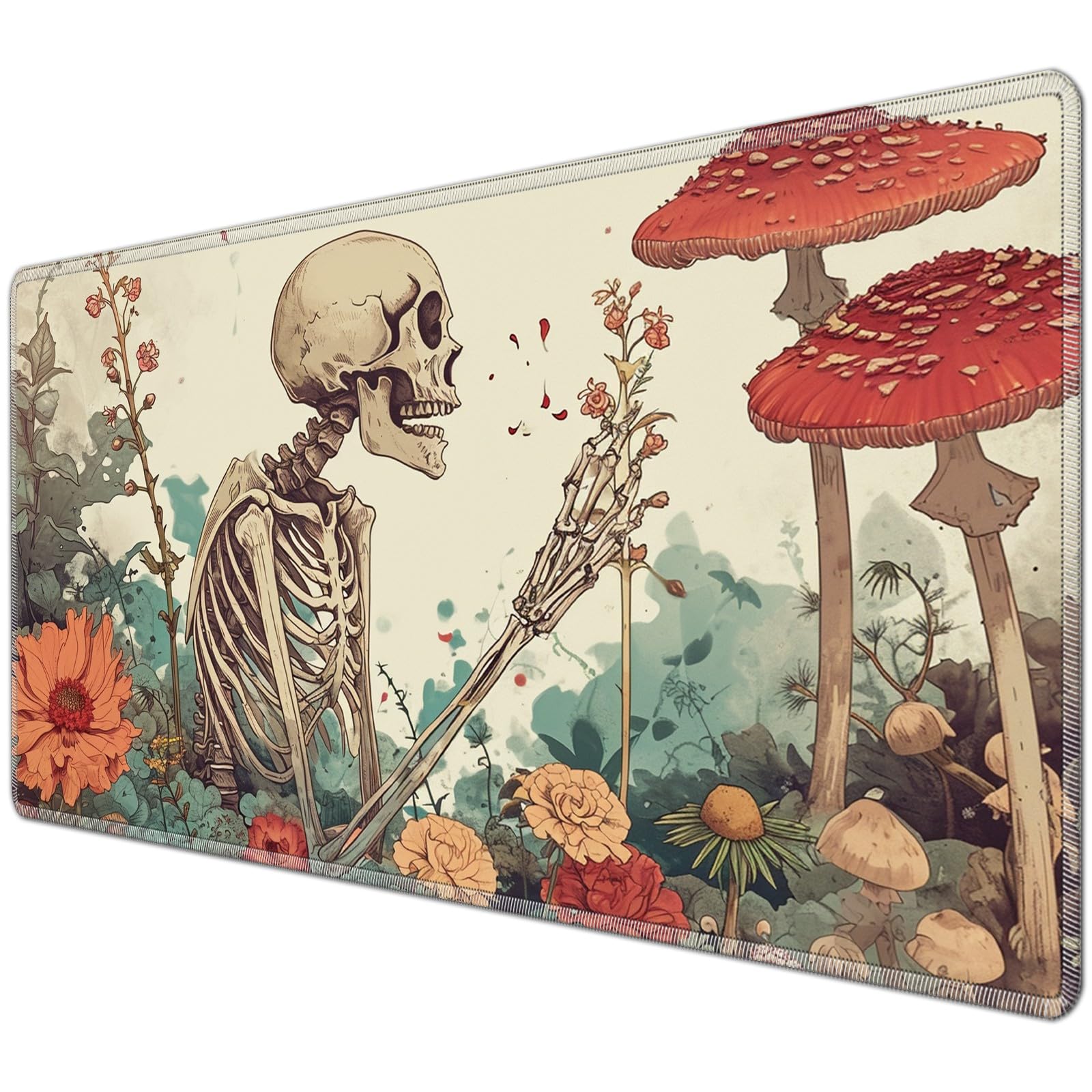 JANENFNA TCG Playmat Desk Mats 24 x 14 inches Mousepad Compatible for MTG Trading Card Game Play Mats Smooth Rubber Surface Original Magic The Gathering Play Mat, Skeletons Flowers
