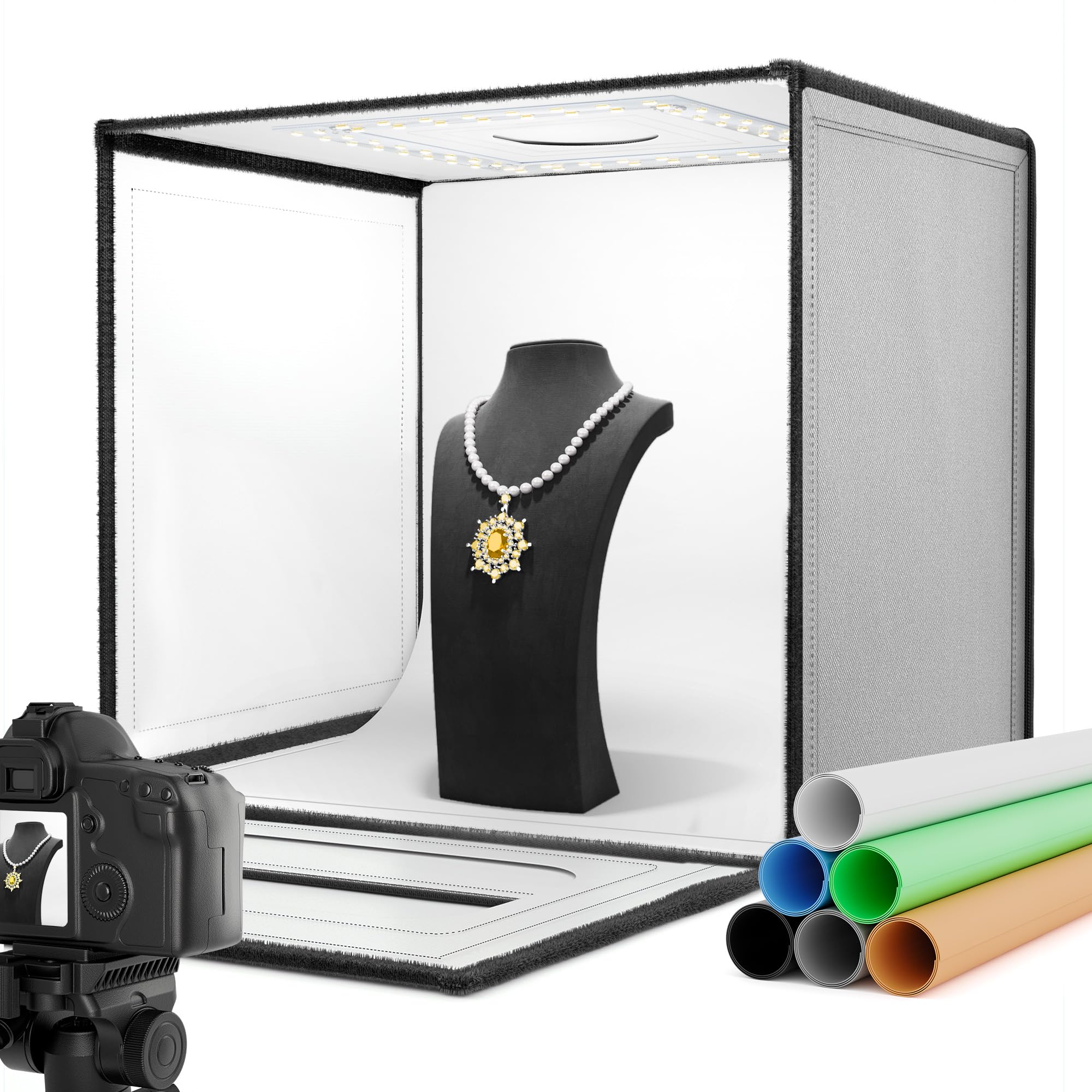 RALENO Studio Photo Box, 50x50 cm Boîtes de Lumière Kit, 50W Doublure PU Boîte à lumière Dimmable avec Éclairage Blanc Photo pour la Photographie de Produits, 5500K 97CRI avec 6 Fonds en PVC