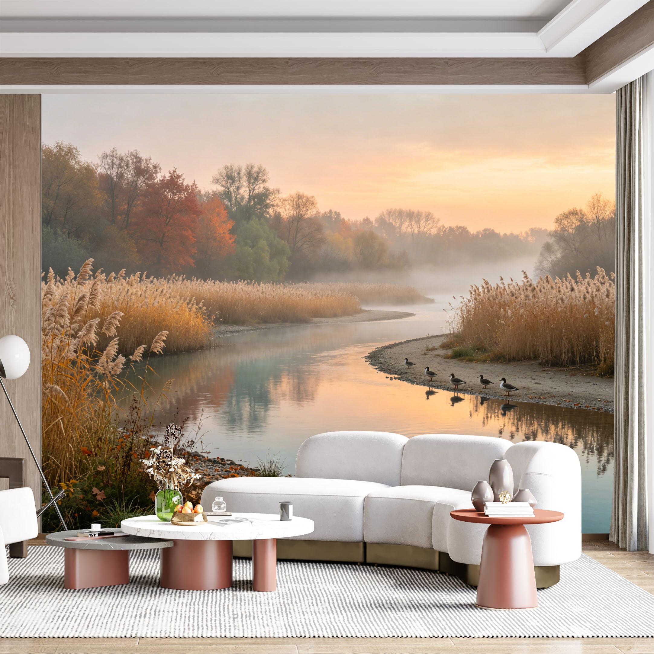 Custom Size Wall Mural Misty Riverbank Autumn Landscape Seagulls Watercolor SelfAdhesive Wall Fabric Removable for Home Office Decor