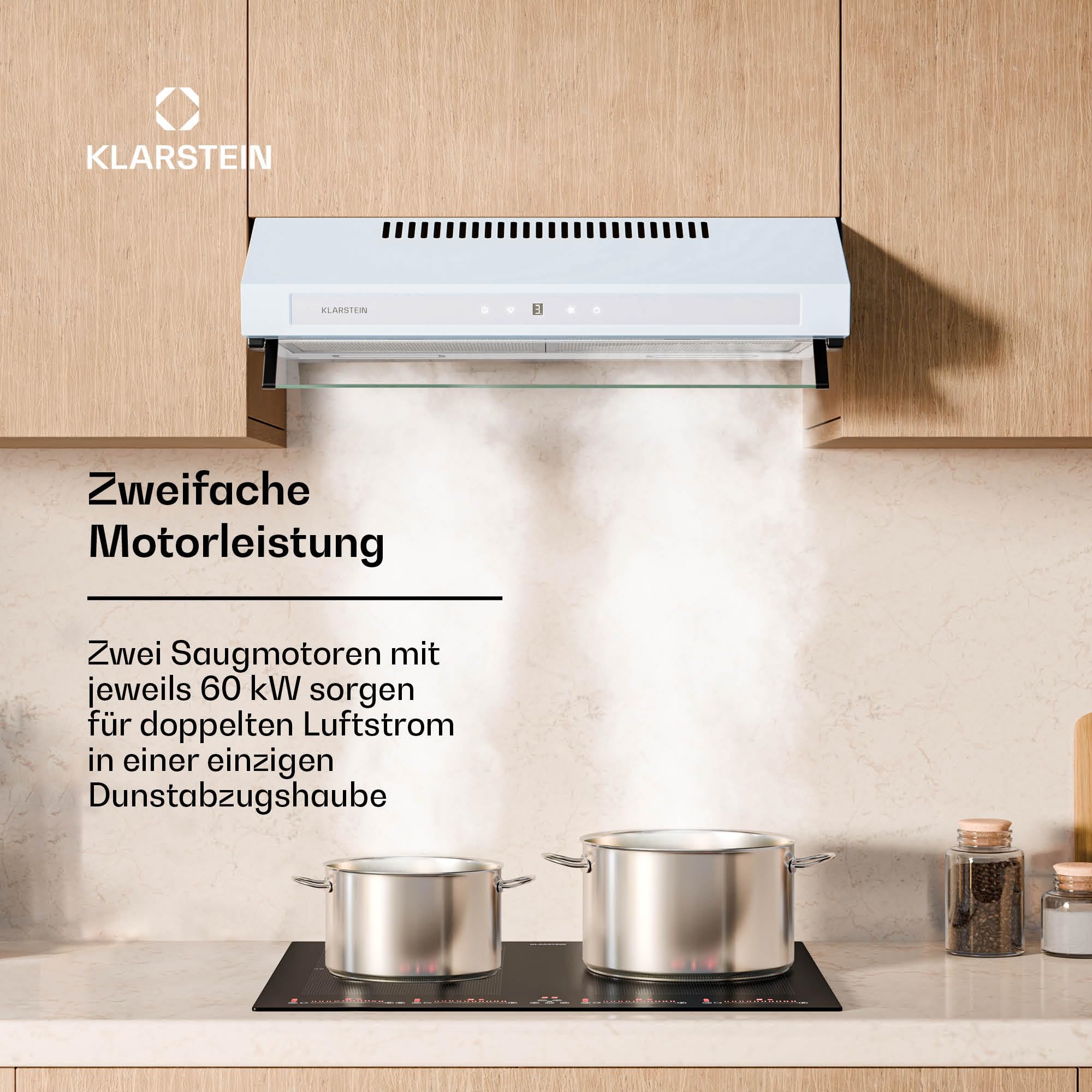 Klarstein Purista Force Unterbaudunstabzugshaube 60 cm LED-Touchpanel 400 m³/h Duale Motortechnologie Energieeffizienz C