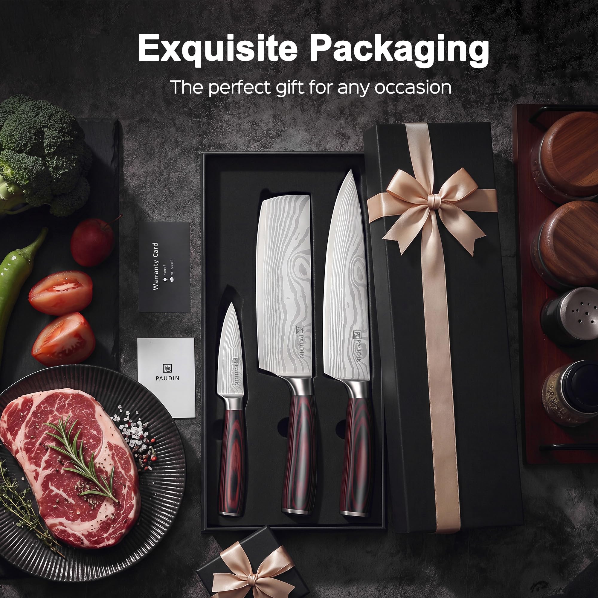 PAUDIN Kitchen Knife Set, 3 Piece High Carbon Stainless Steel Professional Chef Knife Set with Ultra Sharp Blade & Wooden Handle (Kitchen Knife Set 3 Pcs) — Amazon image 8