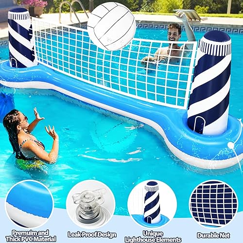 Miniatura 4 de Juego de flotador inflable de red de voleibol con pelota de playa de 19 pulgadas, diseño de faro, juguetes flotantes para deportes acuáticos para