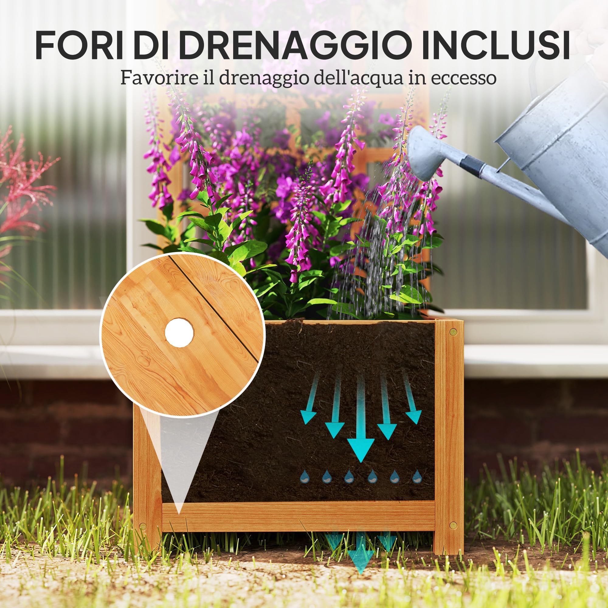 Outsunny Letto per Orto Rialzato da Esterno con Grigliato, Fioriera da Esterno con Foro di Drenaggio e Fodera Traspirante in Legno di Abete, per Fiori e Verdure, 40x40x120 cm, Marrone Chiaro