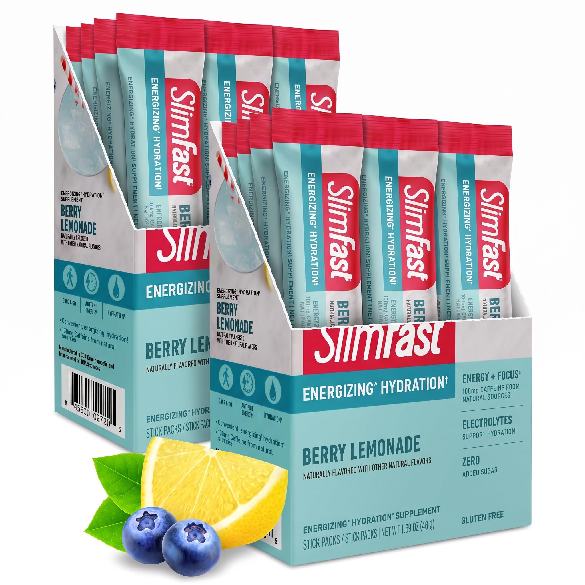 SlimFast Hydration Packets, Intermittent Fasting Electrolytes, Drink Mix Packets, Intermittent Fasting Powder, Energy Powder Drink Mix, Caffeine, Electrolytes for Hydration, Berry Lemonade (12 Count) — Amazon image 11