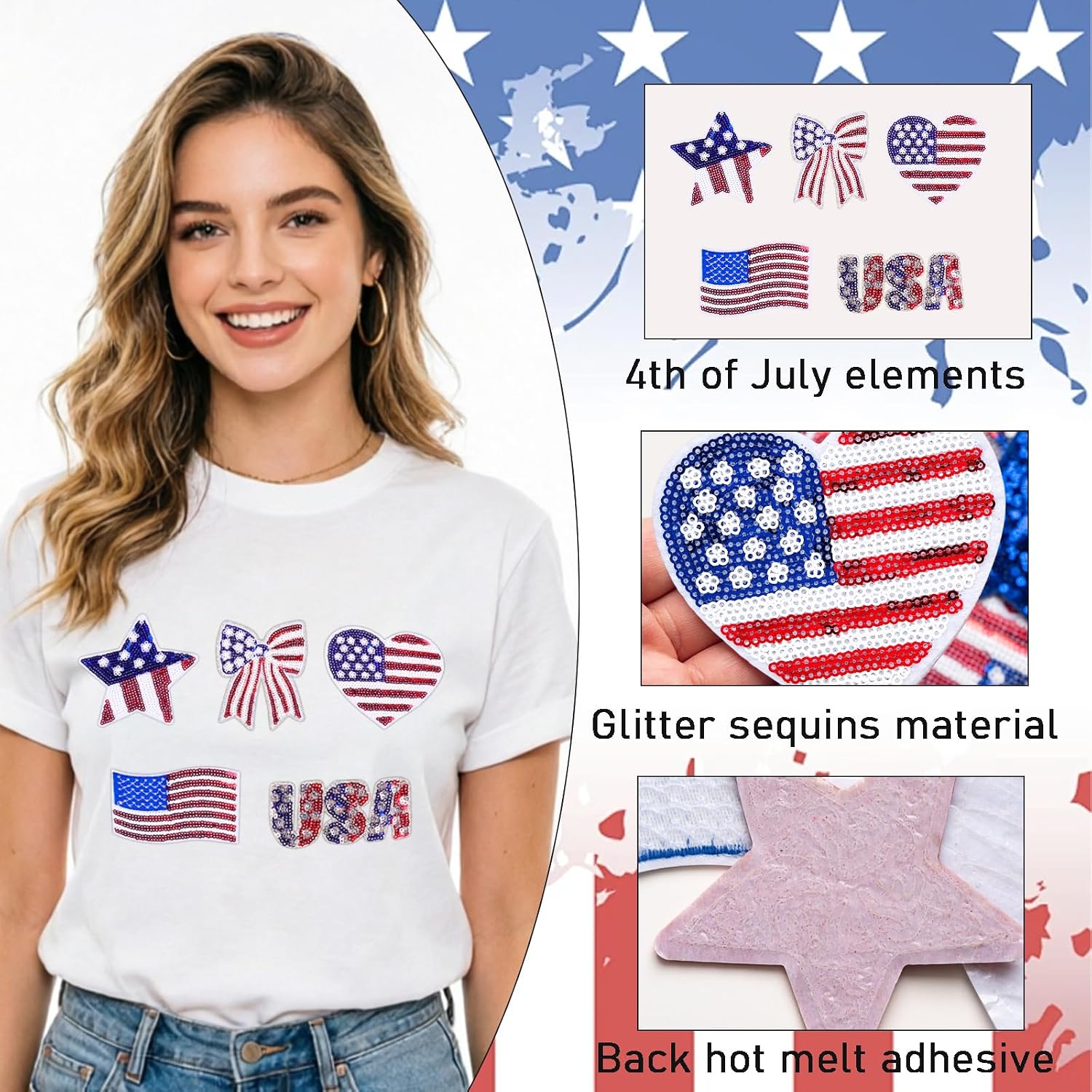 4th of July Sequin Iron on Patches Glitter 250th Anniversary Embroidered Patches Patriotic USA Flag Star Heart Bow Appliques Independence Day Sew on Patches for Clothes Jackets DIY Crafts 5Pcs