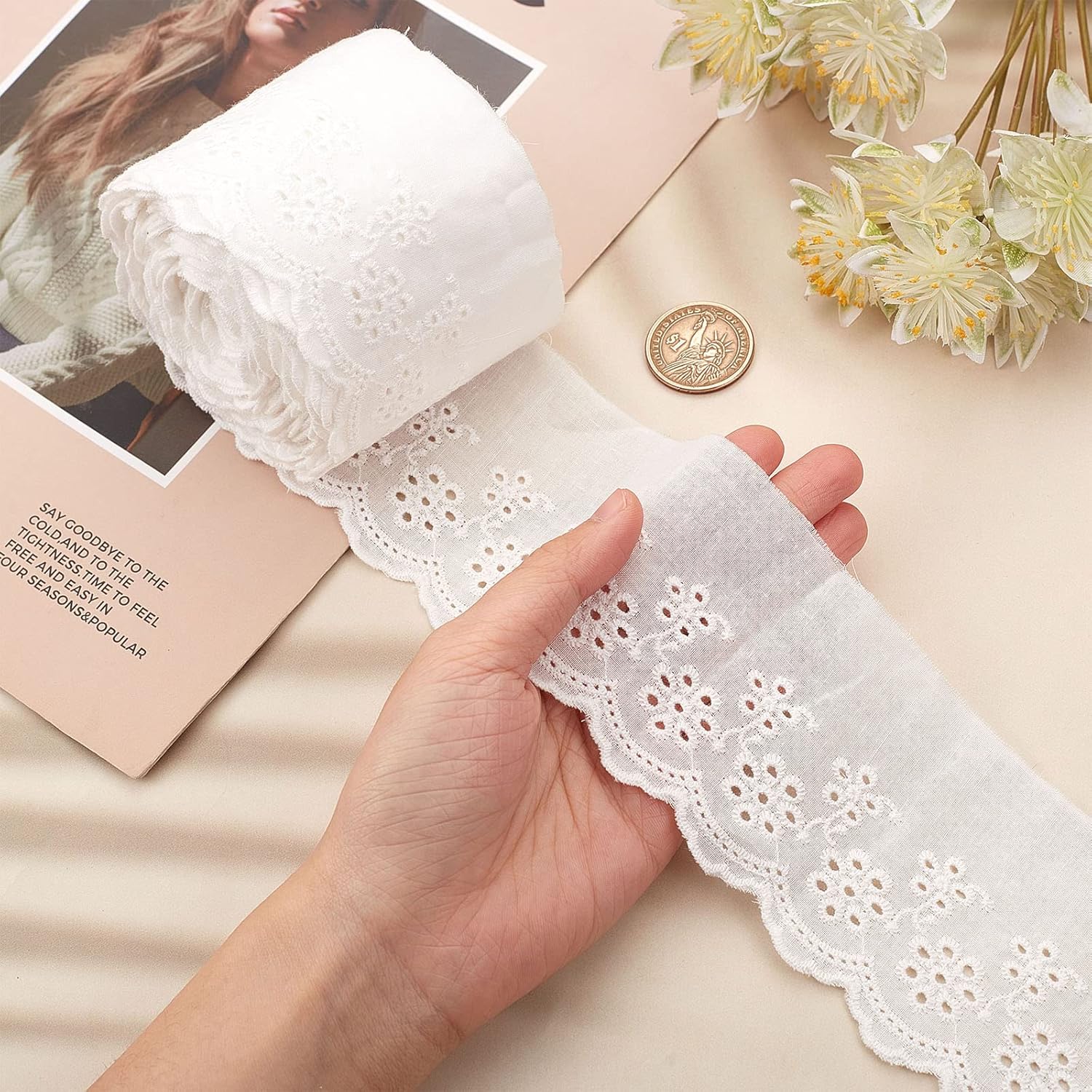GORGECRAFT 7.5 Yards Cotton Lace Trim Eyelet Embroidery Fabric Curtain Tablecloth Slipcover Bridal DIY Clothing/Accessories for DIY Craft Sewing Wedding Decoration 80Mm Wide (Pack of 2)