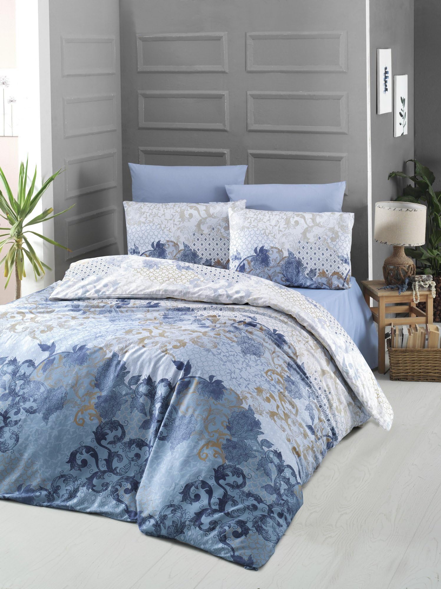 Parure de lit simple satin 100% coton bleu blanc marron pour des nuits douces et relaxantes