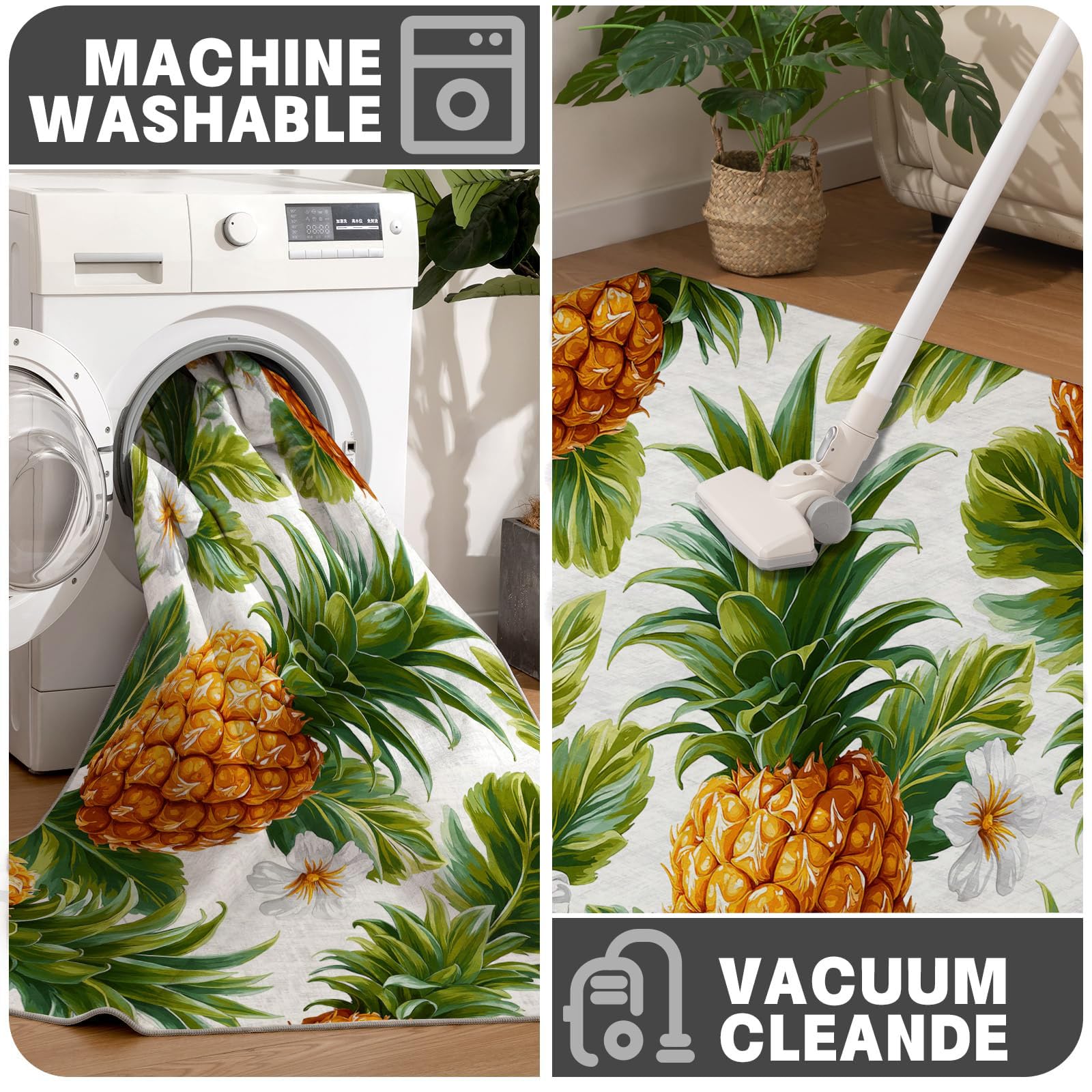 Paillasson de intérieur Antidérapant, Tapis de Tropical Charme, Tapis Salle de Bain Flanelle Douce, Absorbant l'eau, pour Cuisine (Ananas Plantes Et Fleurs, 80x120cm
