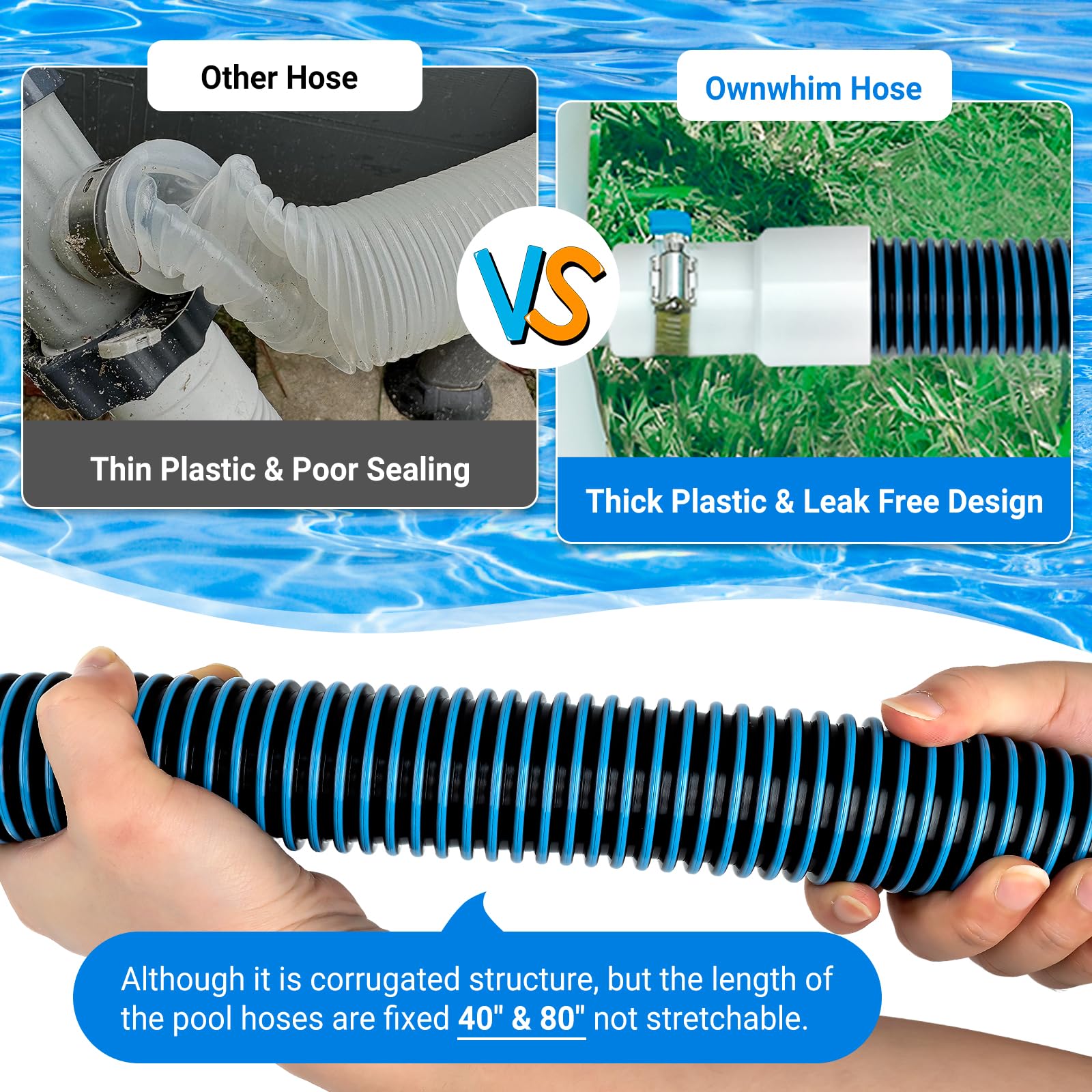 Lot de 2 tuyaux d'aspiration de piscine de 3,8 cm et 1,8 m pour piscine hors sol, tuyaux de pompe de piscine avec manchon pivotant sans plis pour piscines creusées, tuyaux de filtre de rechange