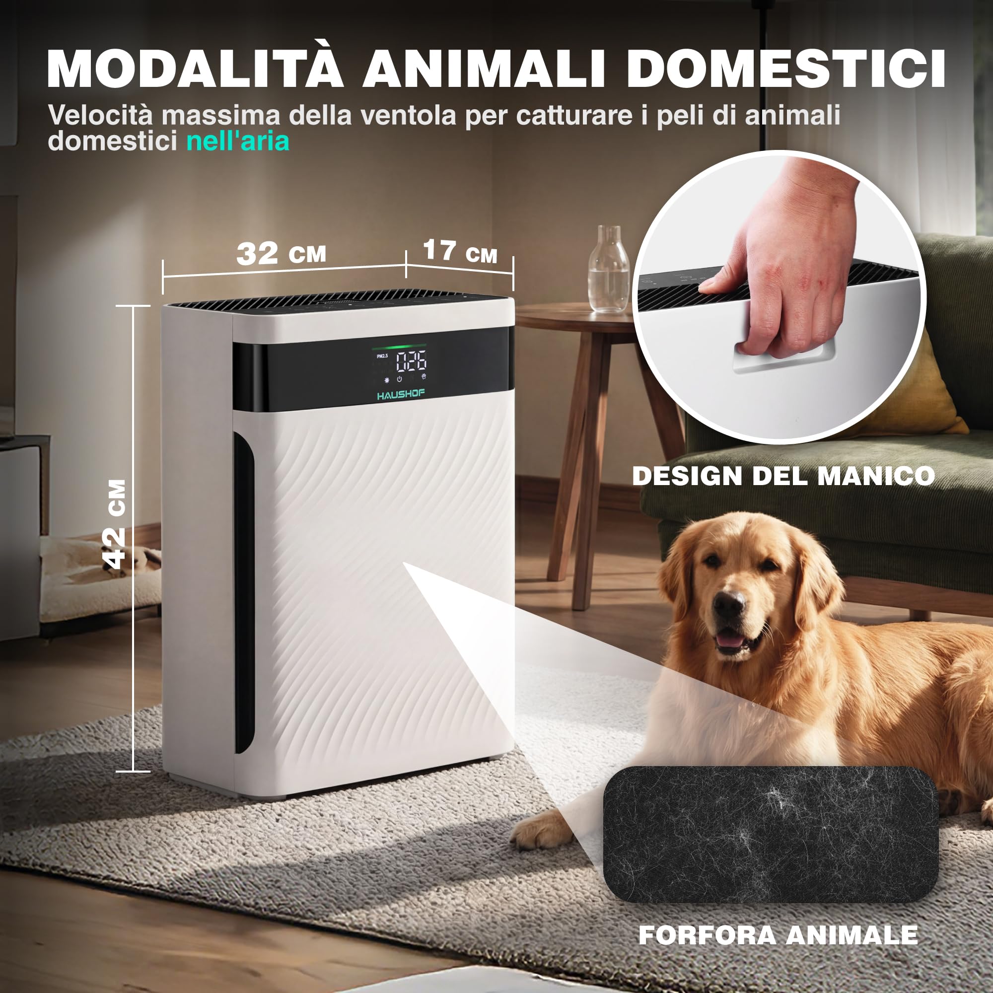 HAUSHOF Purificatore d'Aria con Filtro HEPA, Rimuove 99,97% di Polvere | Polline e Peli, CADR 250 m³/h, Display PM2.5, 30 dB, Aromaterapia, per Uffici e Casa.