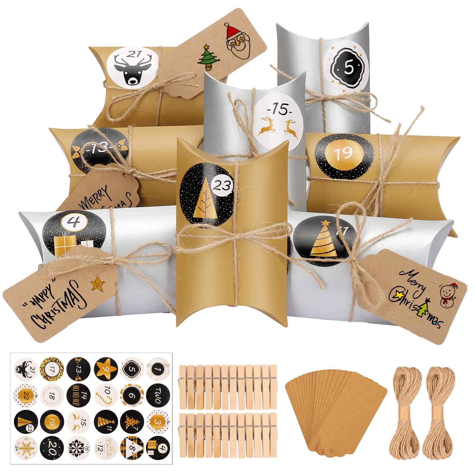 Sinwind Christmas Advent Gift Box, 24 pcs advent calendar box With 1-24 Number Stickers, Make Your Own Advent Calendars for Christmas Decorations, DIY Advent Calendar Gift Set
