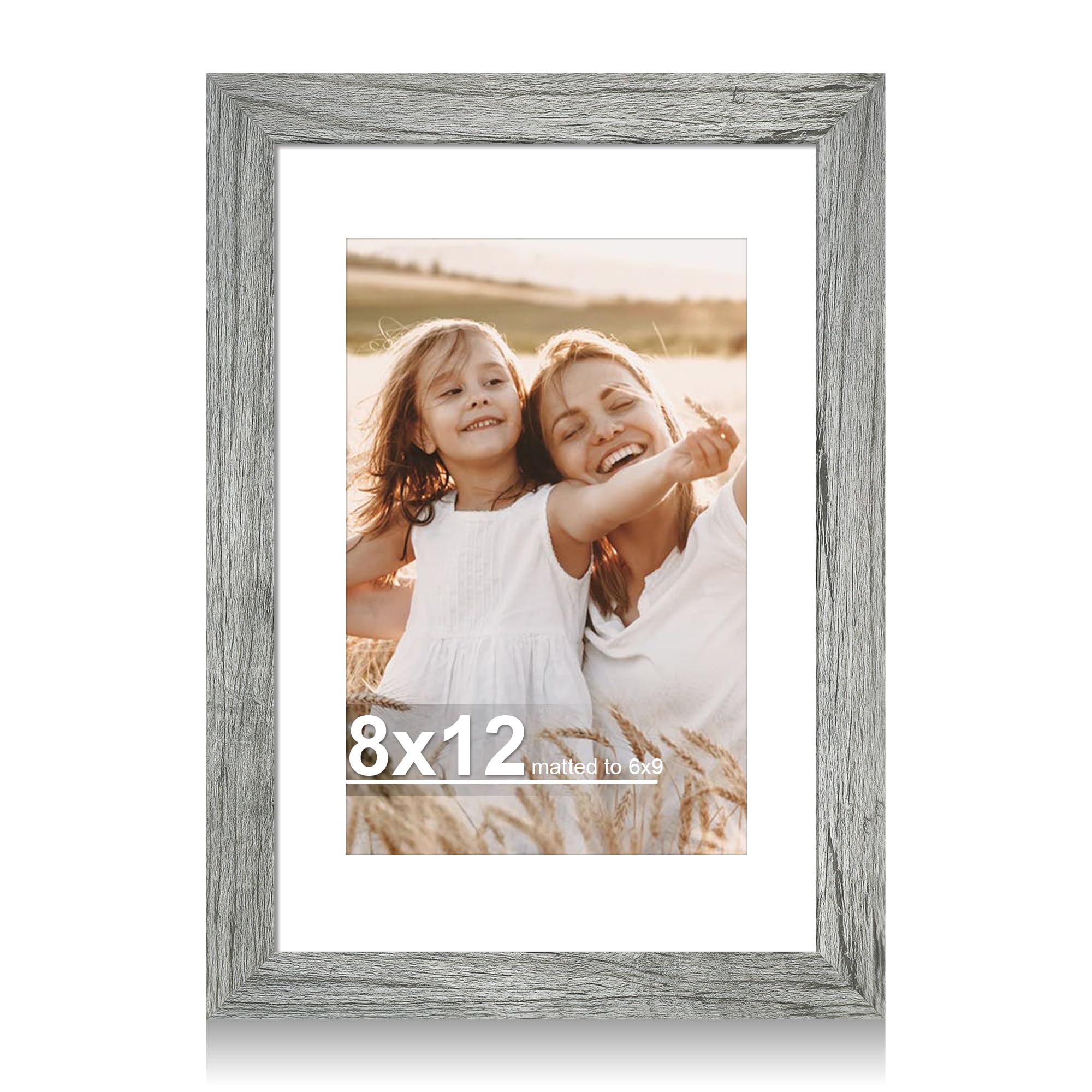 Photo 1 of Hongkee 8x12 Picture Frame with Glass, Display Pictures 6x9 with Mat or 8 x 12 without Mat - Wall and Tabletop, 8 by 12 Photo Wooden Frames (Grey, 1 Pack)