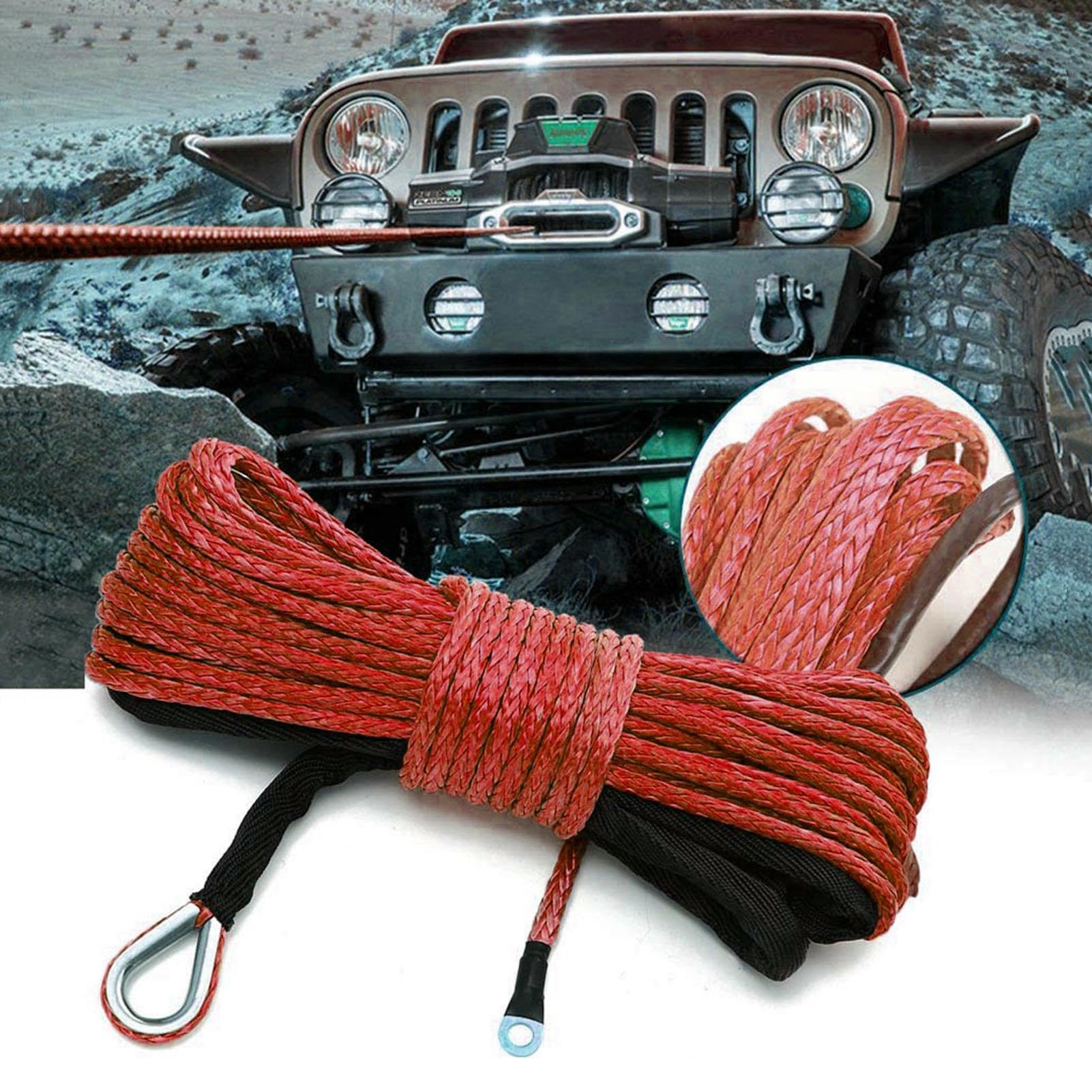 Câble de Treuil Synthétique avec Gaine, 6 mm x 15 m Cordes Remorquage Synthétique à 12 Brins 7700lbs pour Voiture Camion ATV UTV