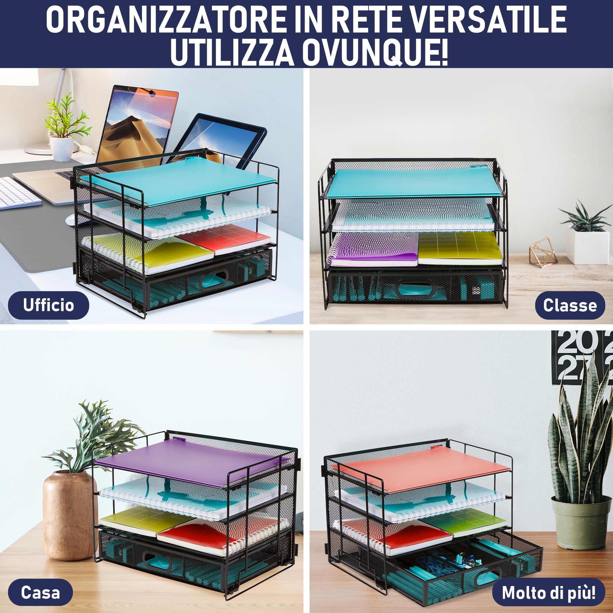 Organizer Da Scrivania In Rete Metallica - Portapenne Con Cassetto Per Ufficio O Scuola | Multifunzione E Compatto - Foto 6