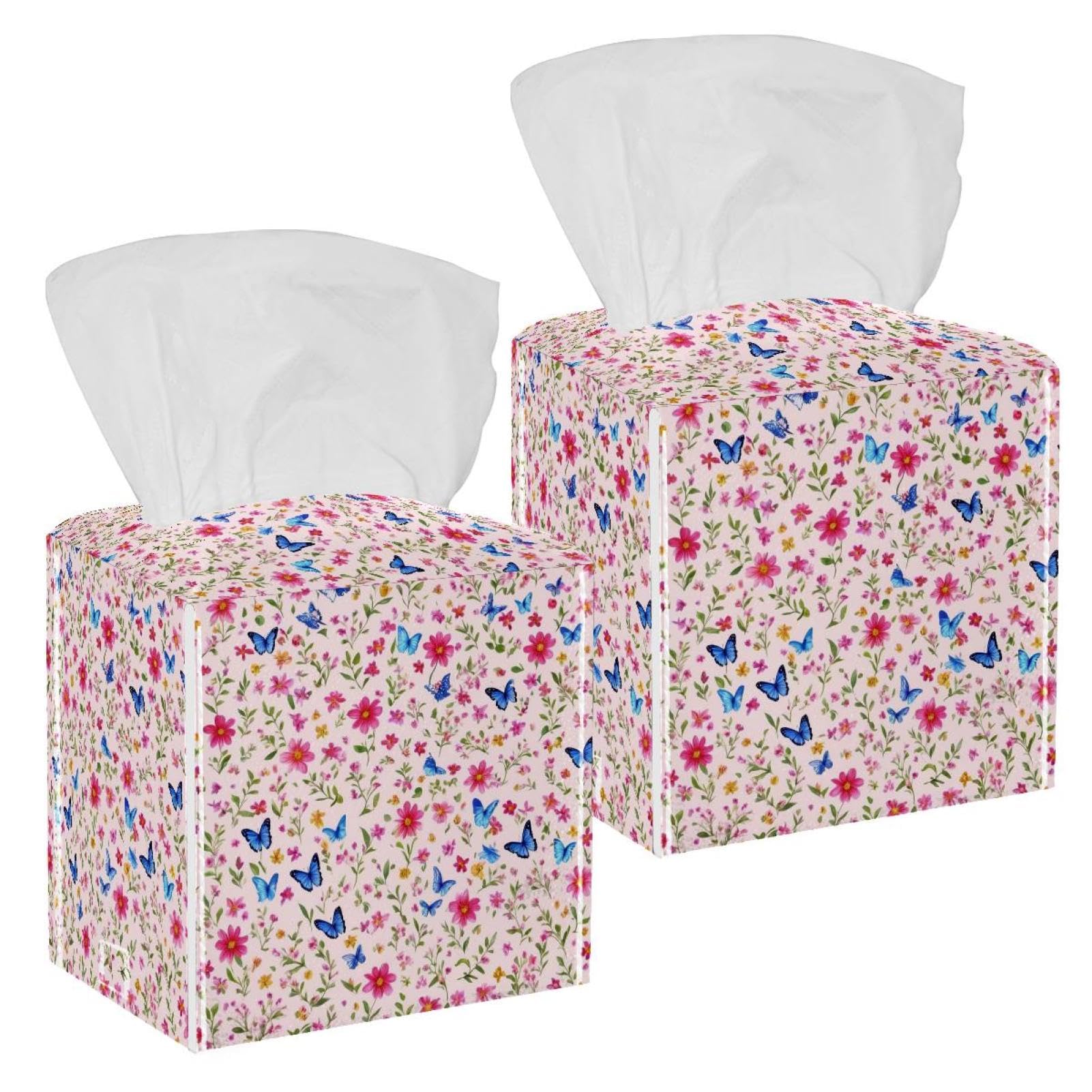 Aesthetic Butterfly Tissue Box Cover, 2 Pack PU Leather Square Facial Tissue Dispenser Box holder for Home Office Car